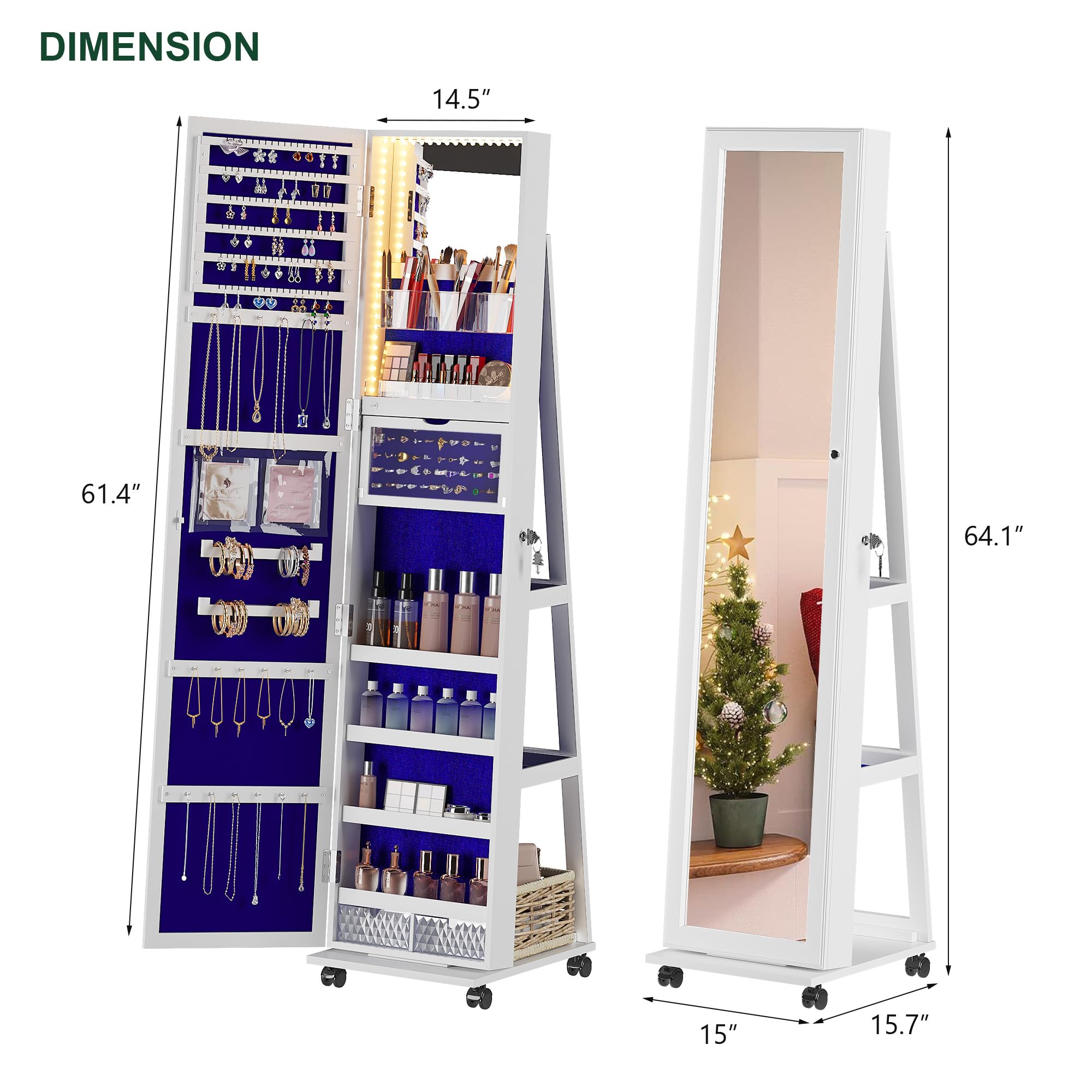 360° Rotating Jewelry Armoire with LED Lights & Lockable Cabinet - Full Length Mirror with Jewelry Storage - Large Jewelry Organizer with Wheels & Foldable Makeup Shelf (White) - Perfect for Bedroom, Dressing Room & Closet Organization