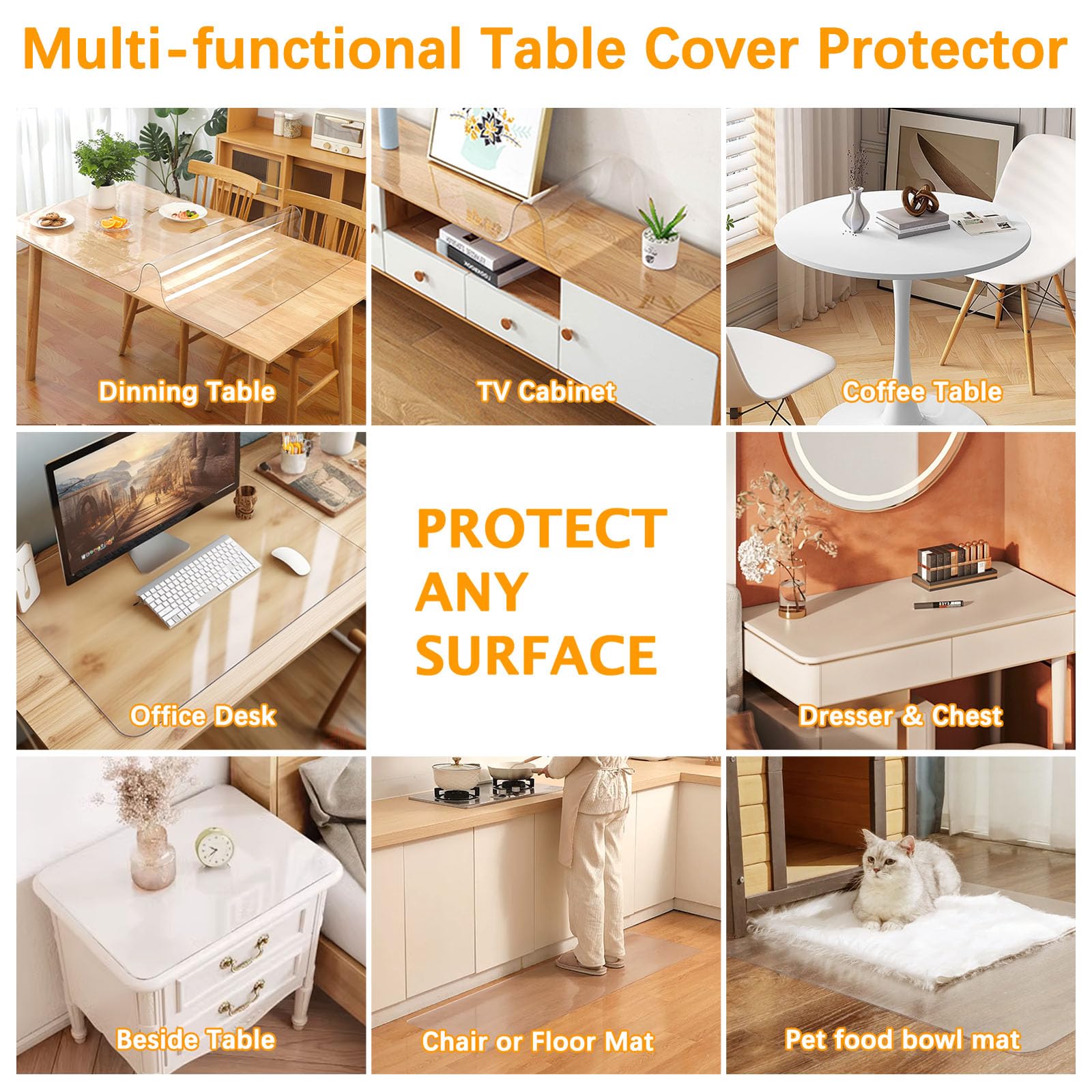 Waterproof PVC Vinyl Clear Plastic Table Protector - 40 x 96 Inch Rectangular Dining Table Cover for 8 Foot Tables | Scratch-Resistant Desk Pad Mat for Wooden Furniture, Glass Coffee Tables, Entryway & Sofa Side Protection | Ideal for Dining Rooms, Kitchens, Offices & Home Decor
