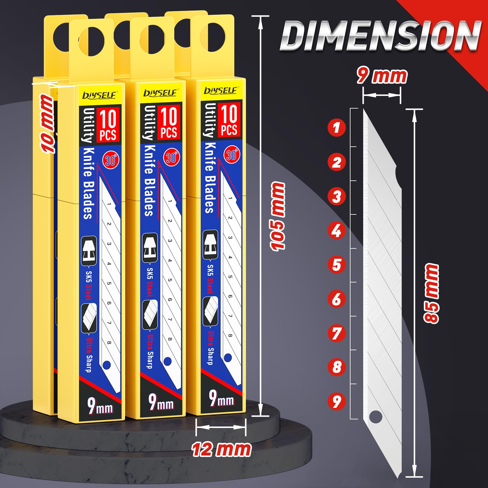 DIYSELF 50-Pack 9mm Utility Knife Blades - High Carbon Steel Snap-Off Box Cutter Blades Refills (30 Degree Angle) for Packaging, Crafting & Office Use
