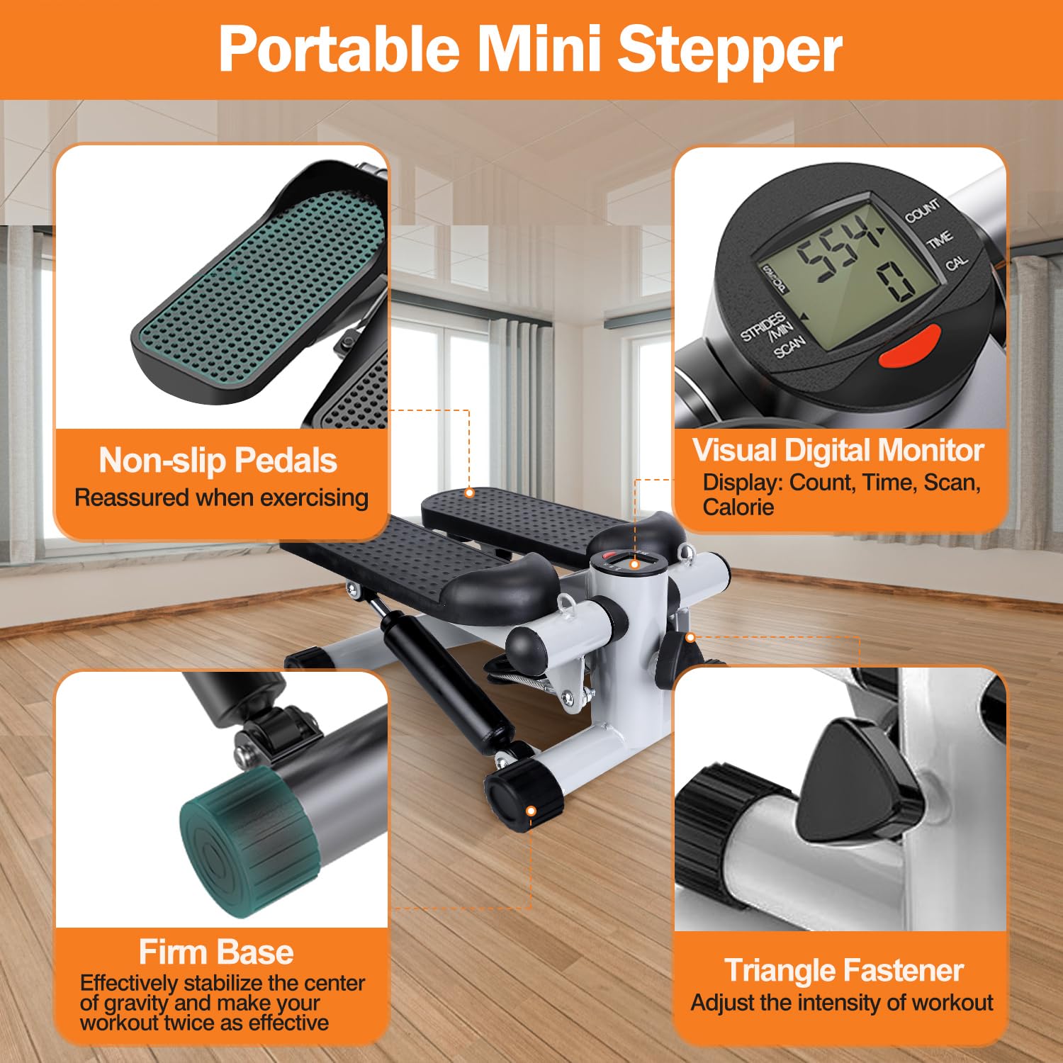 **Mini Stepper for Exercise - Portable Stair Stepper with 2 Resistance Bands & LCD Monitor, 330.7LBS Weight Capacity - Quiet Home & Office Workout Equipment for Cardio, Toning & Fitness**    *(Perfect for Small Spaces, Home Gym, Office Breaks & Low-Impact Cardio)*