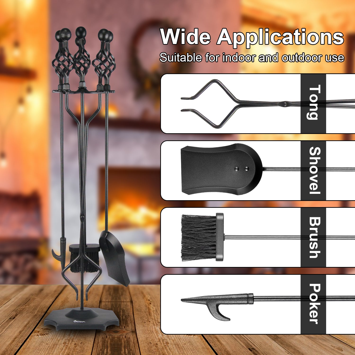 VODA 5-Piece Fireplace Tool Set - Heavy Duty Outdoor Fireplace Accessories with Large Fire Poker, Shovel, Brush & Stand - Perfect for Fire Pits, Campfires & Indoor Fireplaces