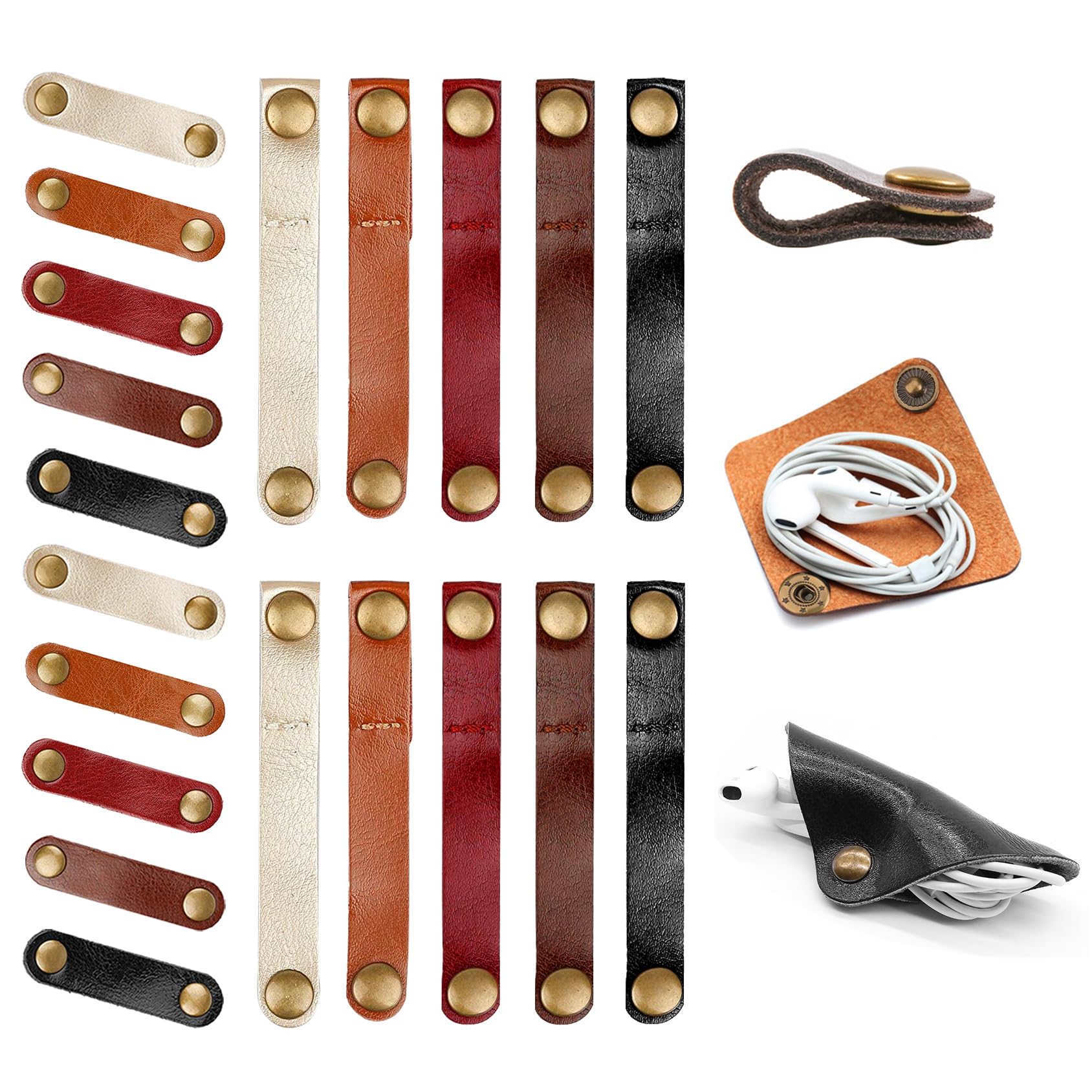 Premium Genuine Leather Cable Ties - 10 Long & 10 Short Cord Organizers with 2 Square Holders - Stylish Cord Winder for Home Office Desk, Travel, Electronics & Car Accessories Organization