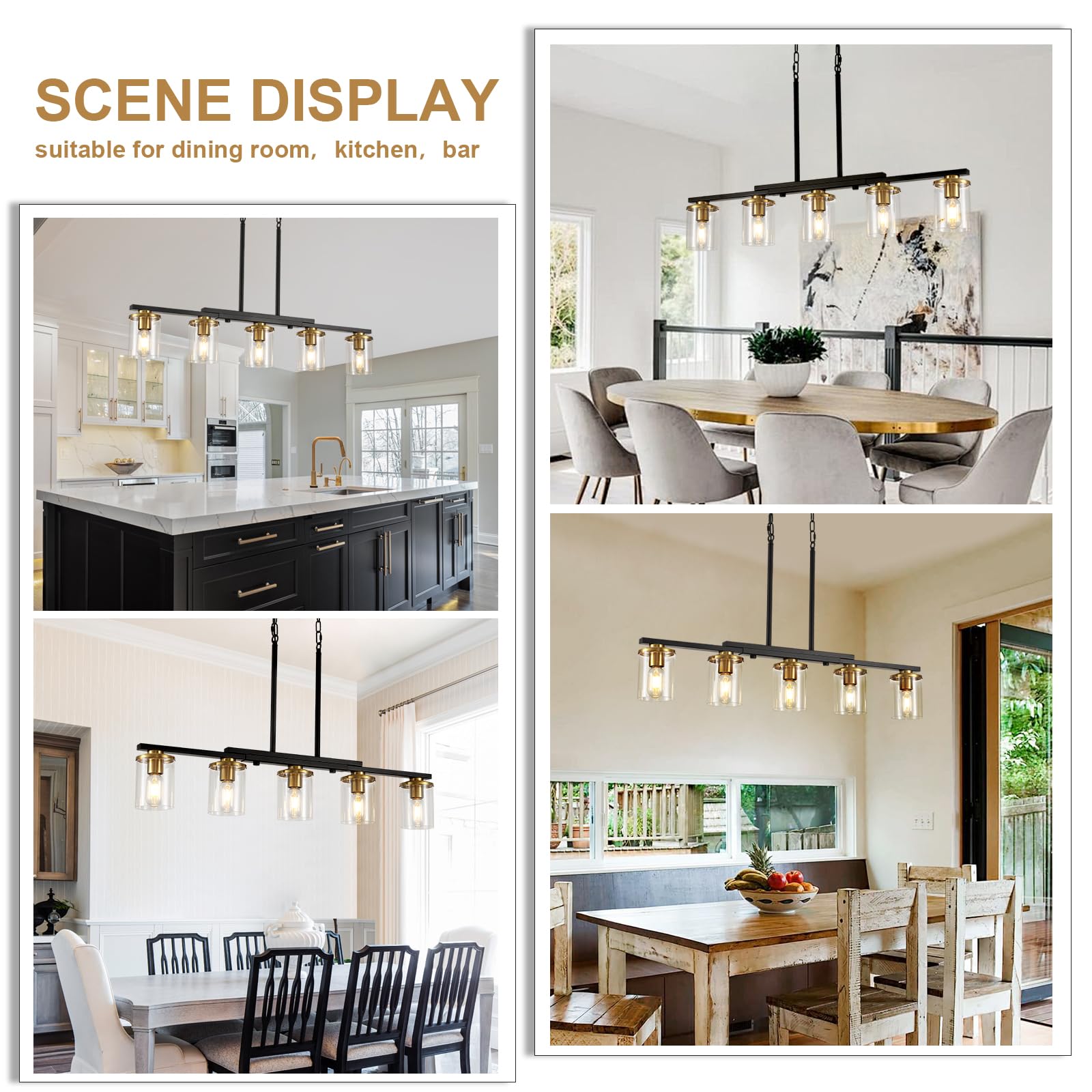 5-Light Modern Farmhouse Chandelier - Black & Gold Rustic Kitchen Island Lighting with Clear Glass Shades - Perfect for Dining Room, Breakfast Nook, and Kitchen Table Pendant Lighting