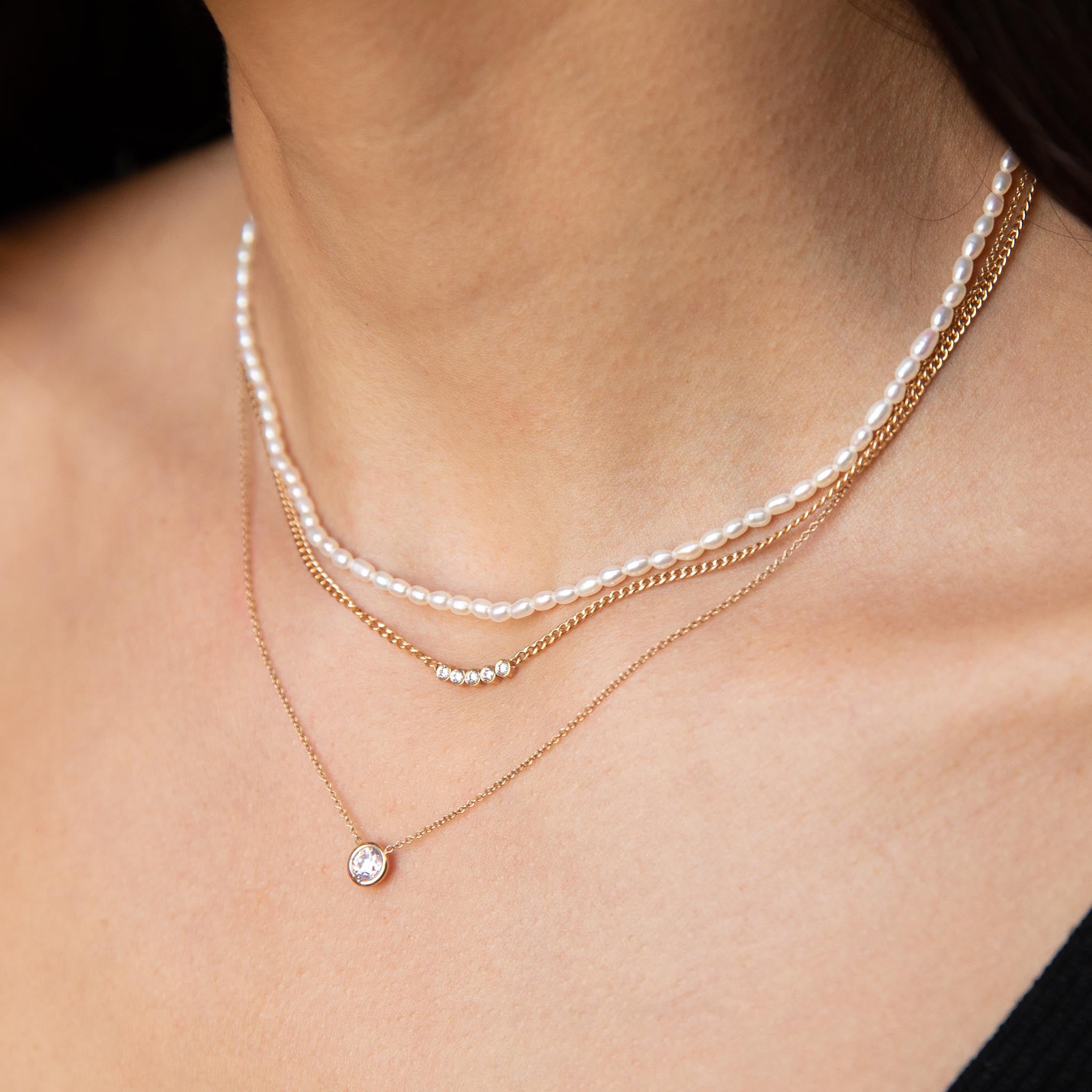 14K Gold 5 Diamond Bezel Extra Small Curb Chain Necklace for Women - Elegant Layering Piece for Everyday Wear & Special Occasions