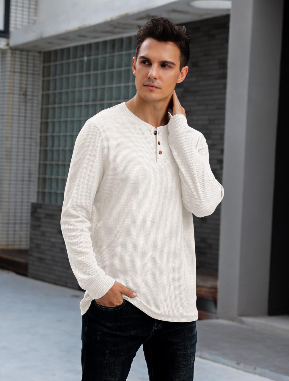 Men's Waffle Long Sleeve Henley Shirt - Soft Thermal Casual Button-Up Top for Fall & Winter Layering | Perfect for Outdoor Activities, Date Nights & Workwear