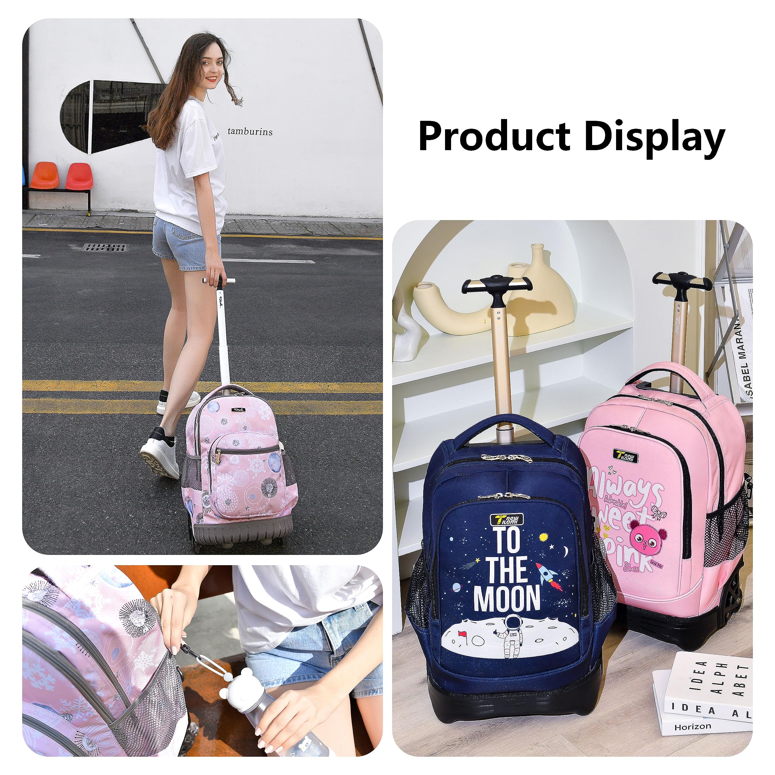 TILAMI Unicorn Rolling Backpack for Kids - 18 Inch Adjustable Wheeled Laptop Backpack for Girls & Boys, School Travel Backpack with Wheels, Perfect for School, Travel, Camping & Daily Use
