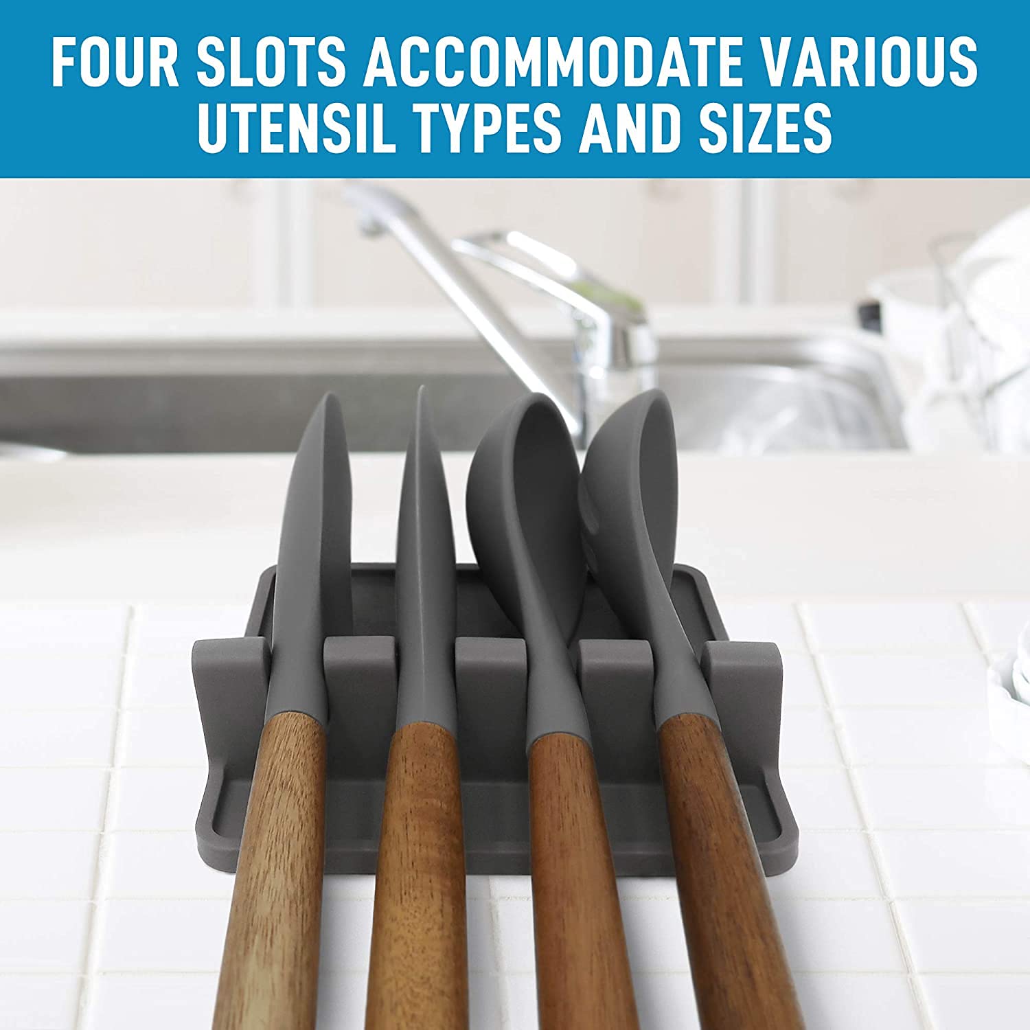 Zollyss Silicone Utensil Rest with Drip Pad - Heat-Resistant, BPA-Free Spoon Holder for Stove Top - Fits Spoons, Ladles, Tongs & Kitchen Tools - Perfect for Cooking, Serving & Keeping Countertops Clean