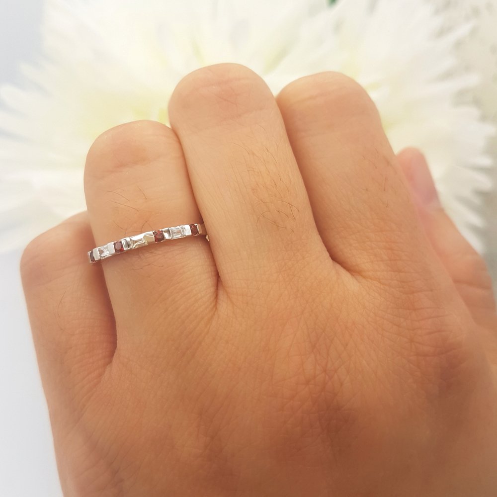 10K Solid White Gold Garnet & Baguette Diamond Wedding Band - Stackable Ring for Women | Elegant Bridal Jewelry, Anniversary Gift, or Everyday Luxury Wear