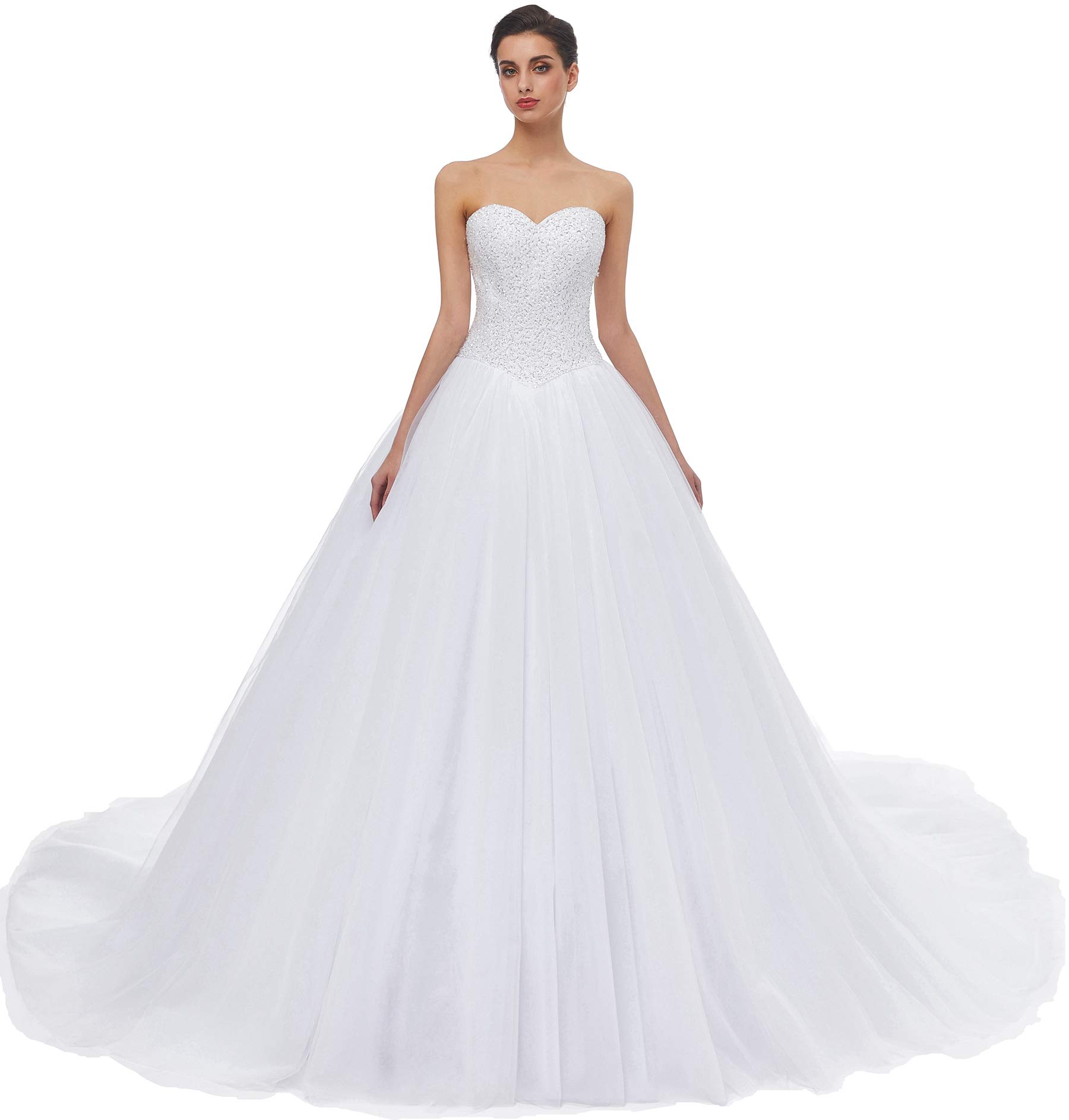 Sweetheart Neckline Tulle A-Line Wedding Dress with Train for Bride – Perfect for Church Ceremonies, Beach Weddings & Formal Receptions