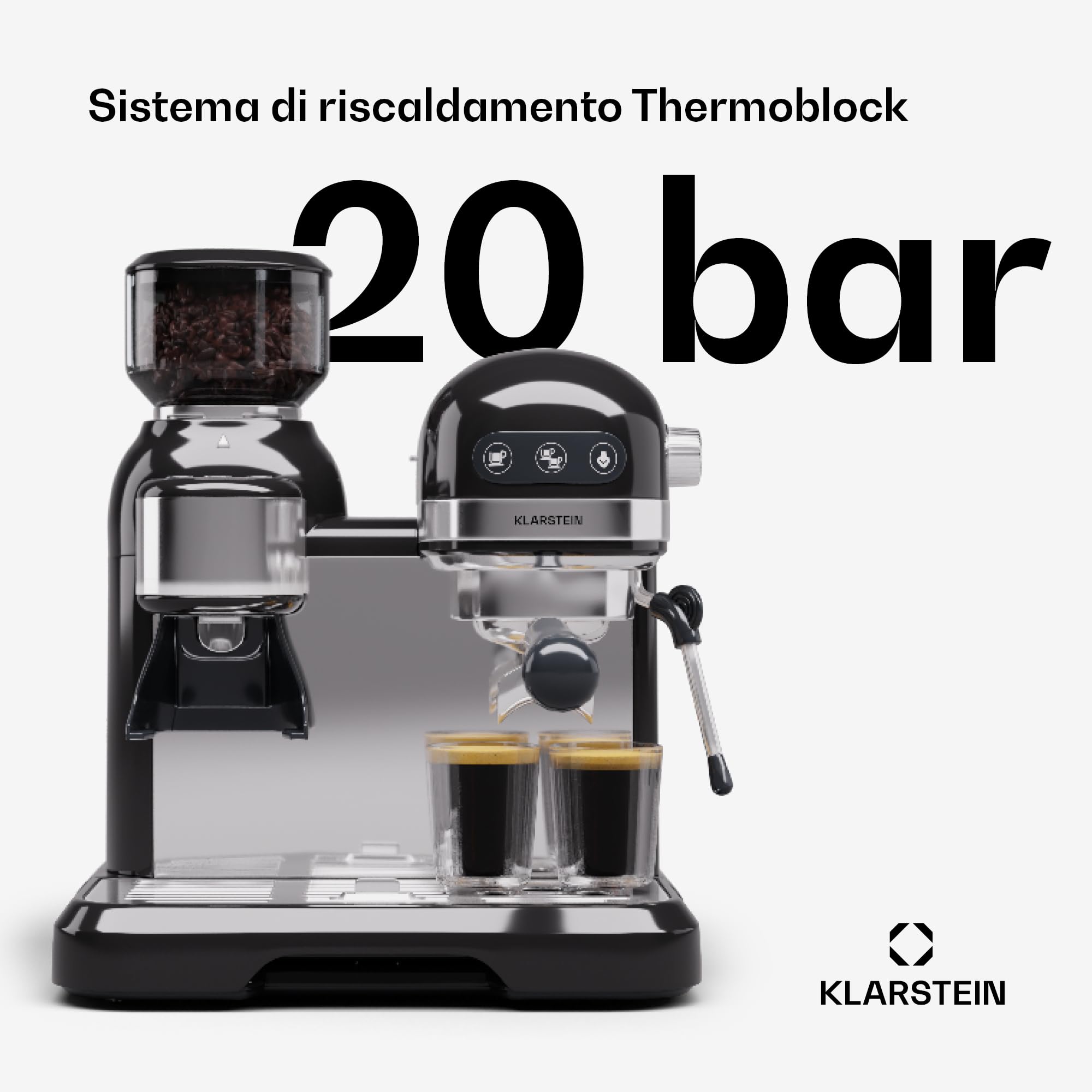 Klarstein 1.4L Espresso Coffee Machine with ThermoBlock - Stainless Steel Retro Coffee Maker for Ground Coffee, Cappuccino, Latte & Macchiato - 1550W with Milk Frother - Perfect for Home, Office & Coffee Shops
