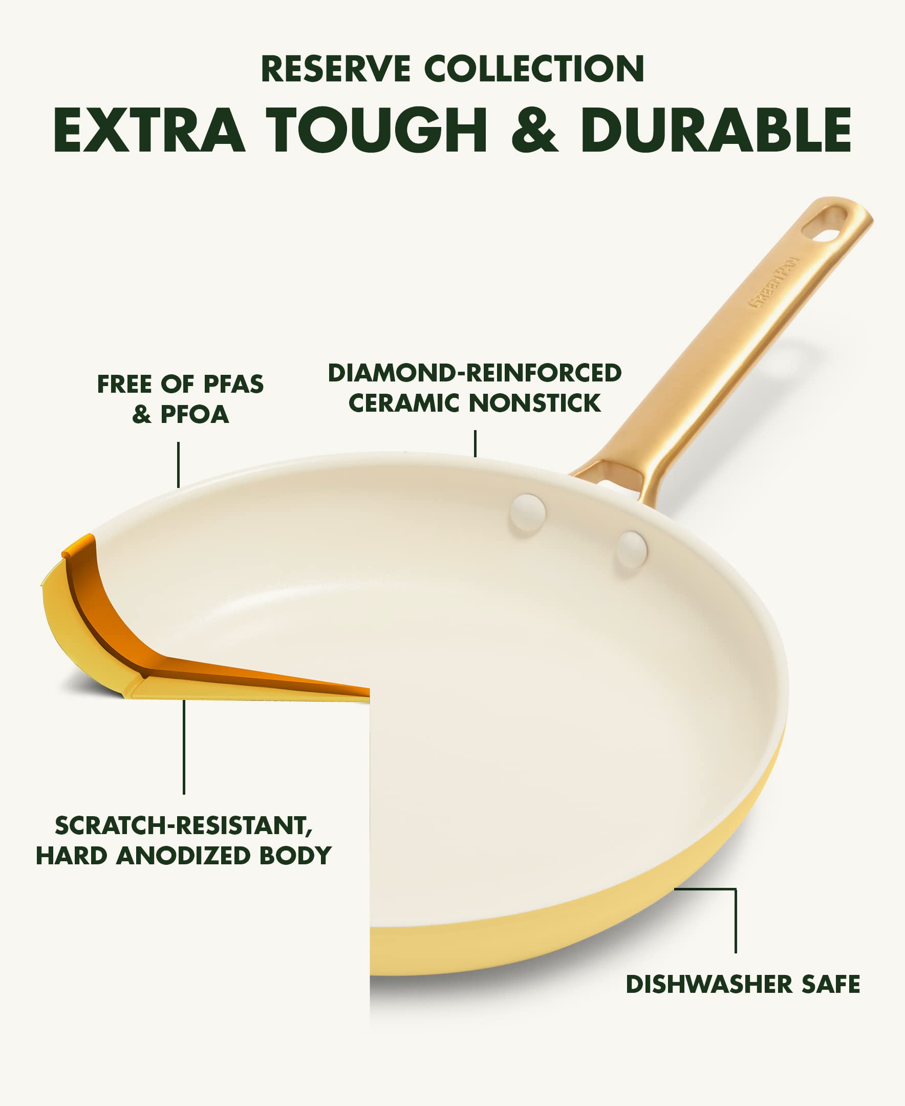 GreenPan Reserve Hard Anodized Healthy Ceramic Nonstick 12-Inch Frying Pan Skillet - PFAS-Free, Dishwasher & Oven Safe (450°F) with Helper Handle & Glass Lid - Gold Handle, Sunrise Yellow - Perfect for Sautéing, Frying & Everyday Cooking