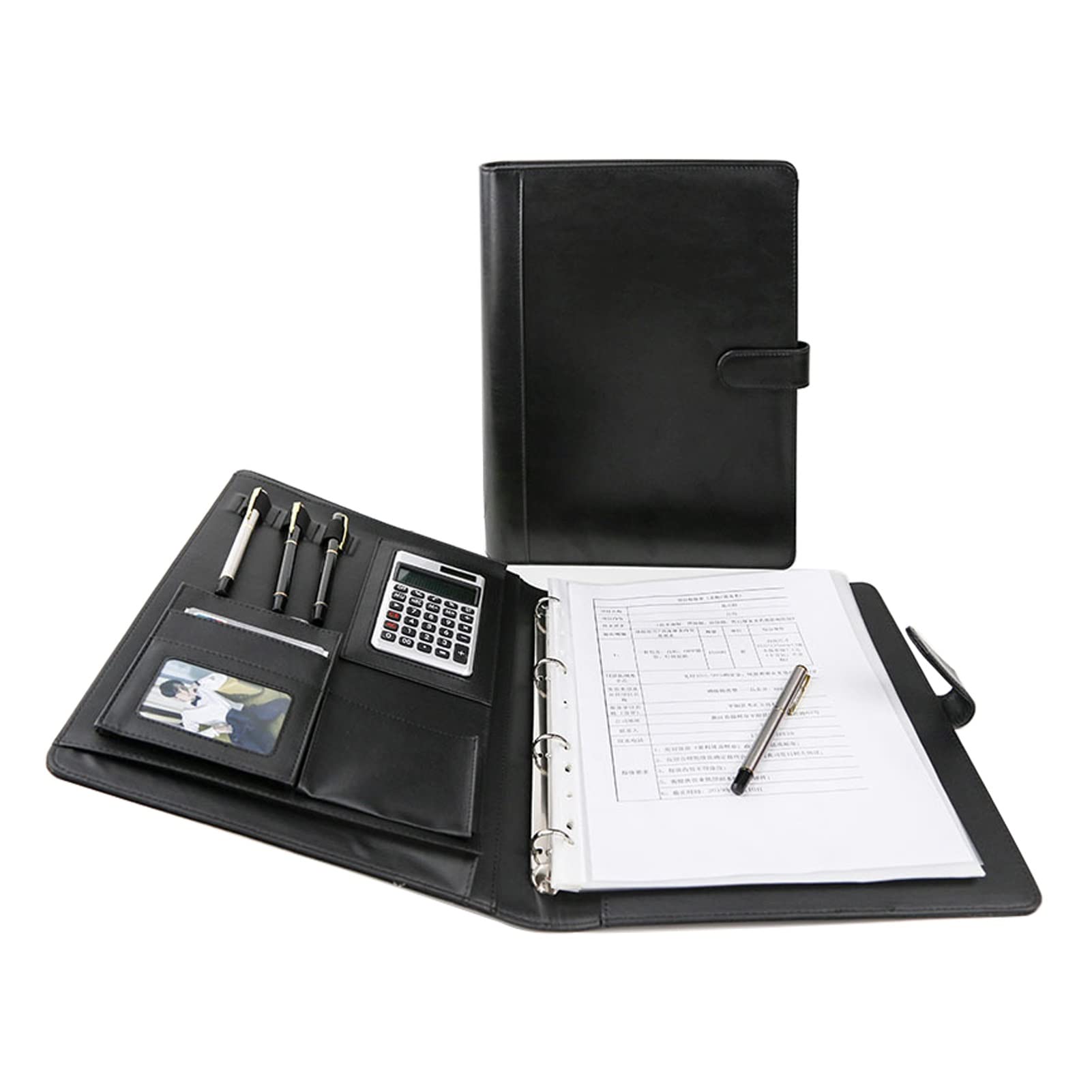 Professional A4 PU Leather Padfolio - Waterproof Business Portfolio Binder with 12-Digit Calculator | Multifunctional Conference Organizer for Men & Women | Perfect for Office Meetings, Job Interviews & Business Travel (Black, A4 Size)