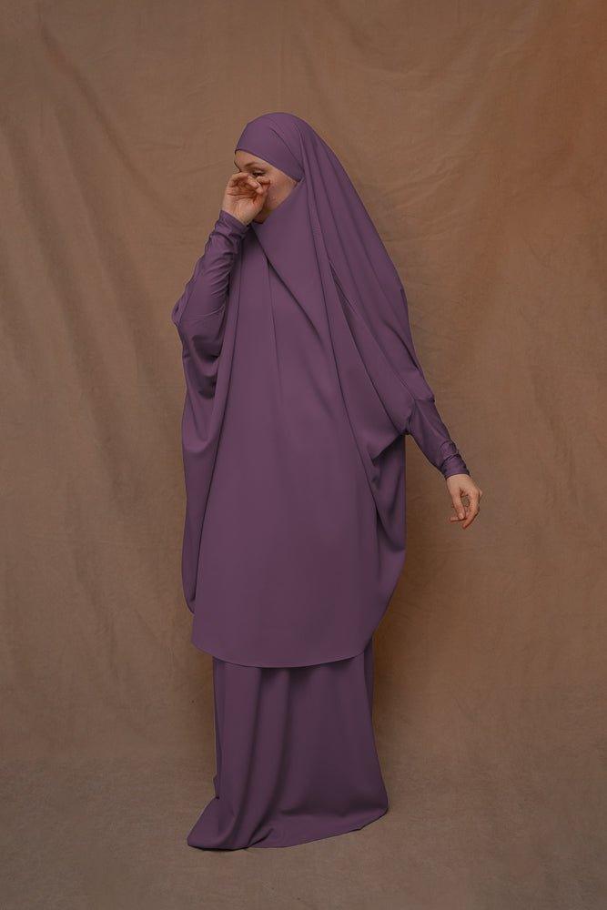 Dark Purple Moira Prayer Umrah Gown with Niqab - Islamic Modest Dress for Women, Hajj & Umrah Prayer, Mosque Worship, Religious Ceremonies