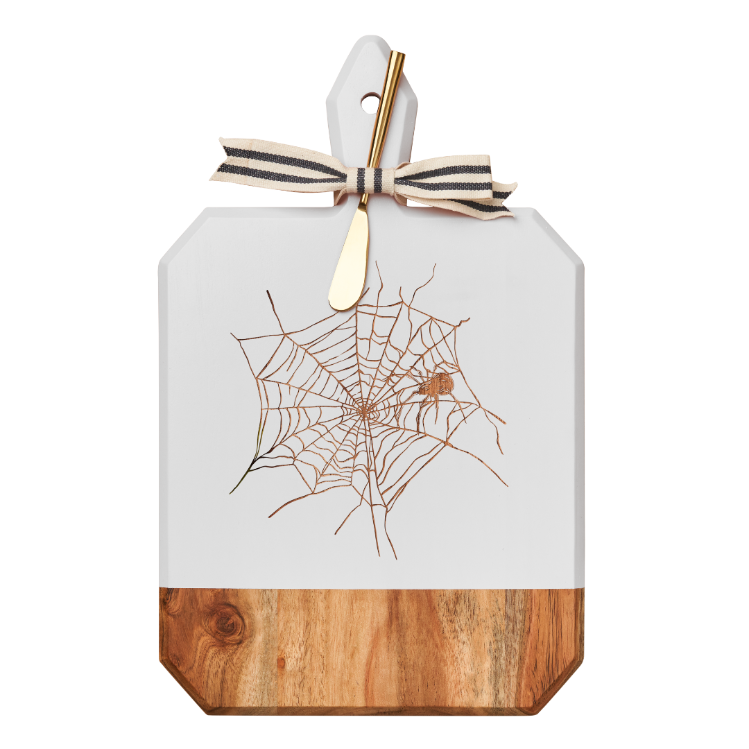 Acacia Wood Heirloom Charcuterie Board Set with Gold Cheese Spreader & Ribbon - 16x10 Inch Spider Web Design for Cheese Platter, Wedding Gifts & Holiday Entertaining