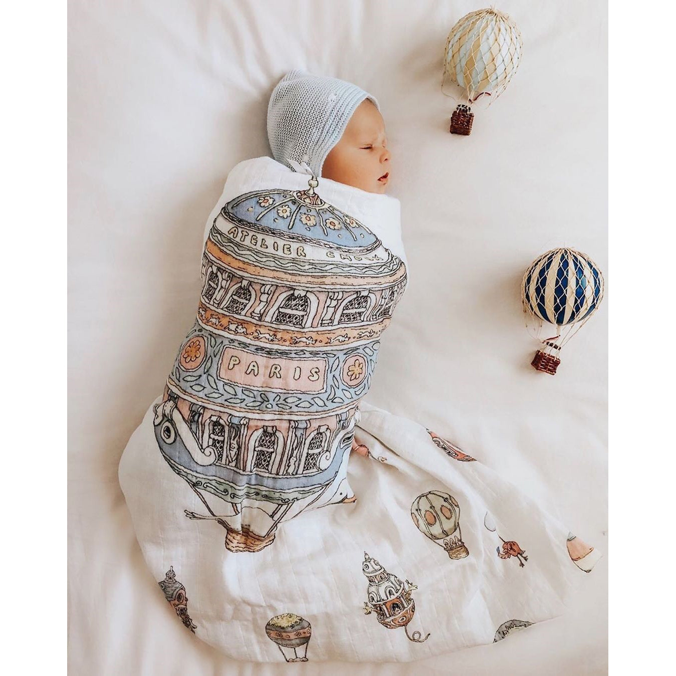 Atelier Choux Organic Cotton Muslin Swaddle Blankets Set of 3 - Carousel, Hot Air Balloons & Paris Prints - Soft Baby Swaddles for Newborns, Nursery Decor & Photography Props