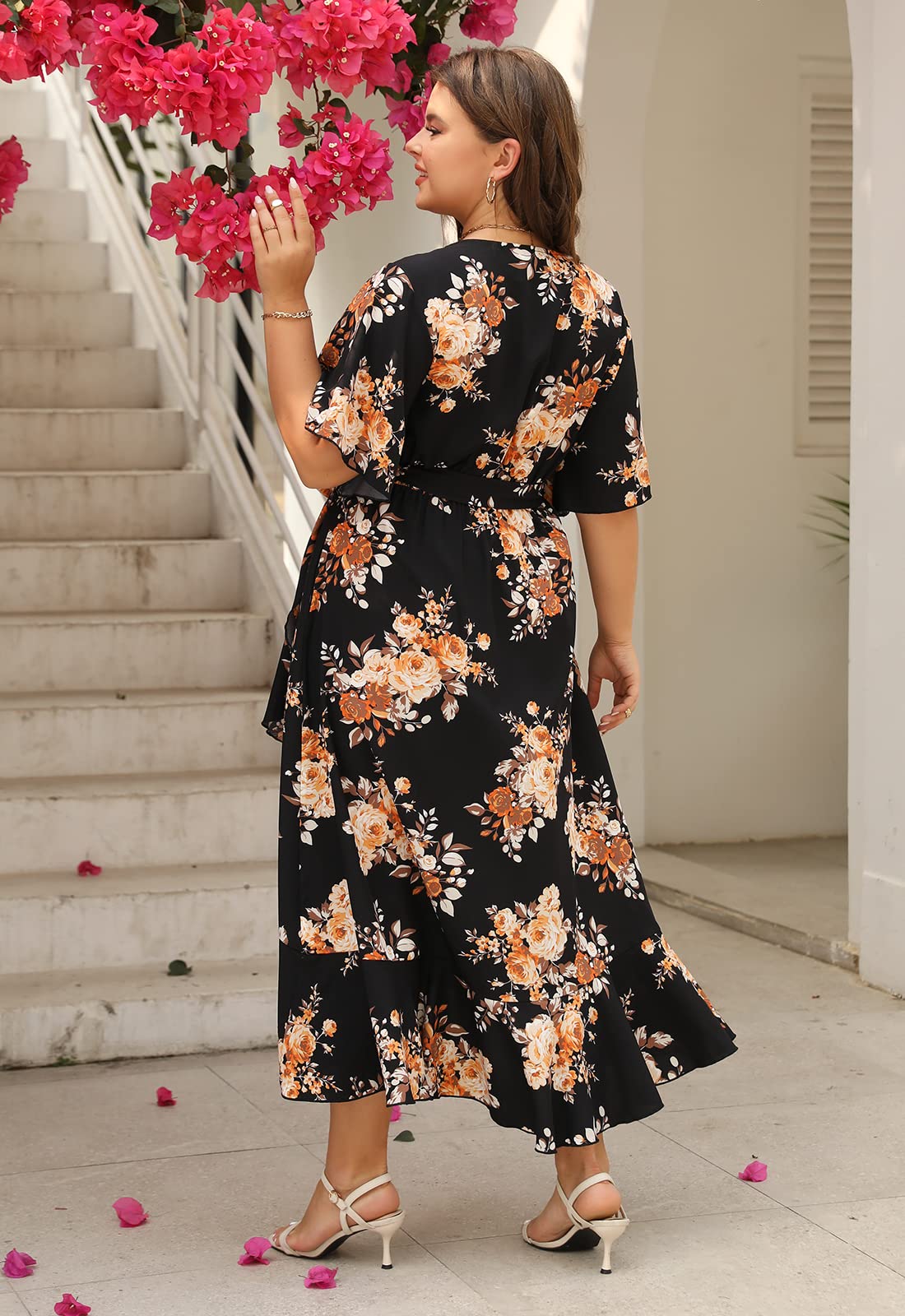 Keluummi Plus Size Wedding Guest Maxi Dress for Women - Flowy Boho Floral Wrap Dress with Sleeves & Pockets | Summer Casual Church, Garden Party & Beach Wedding Attire