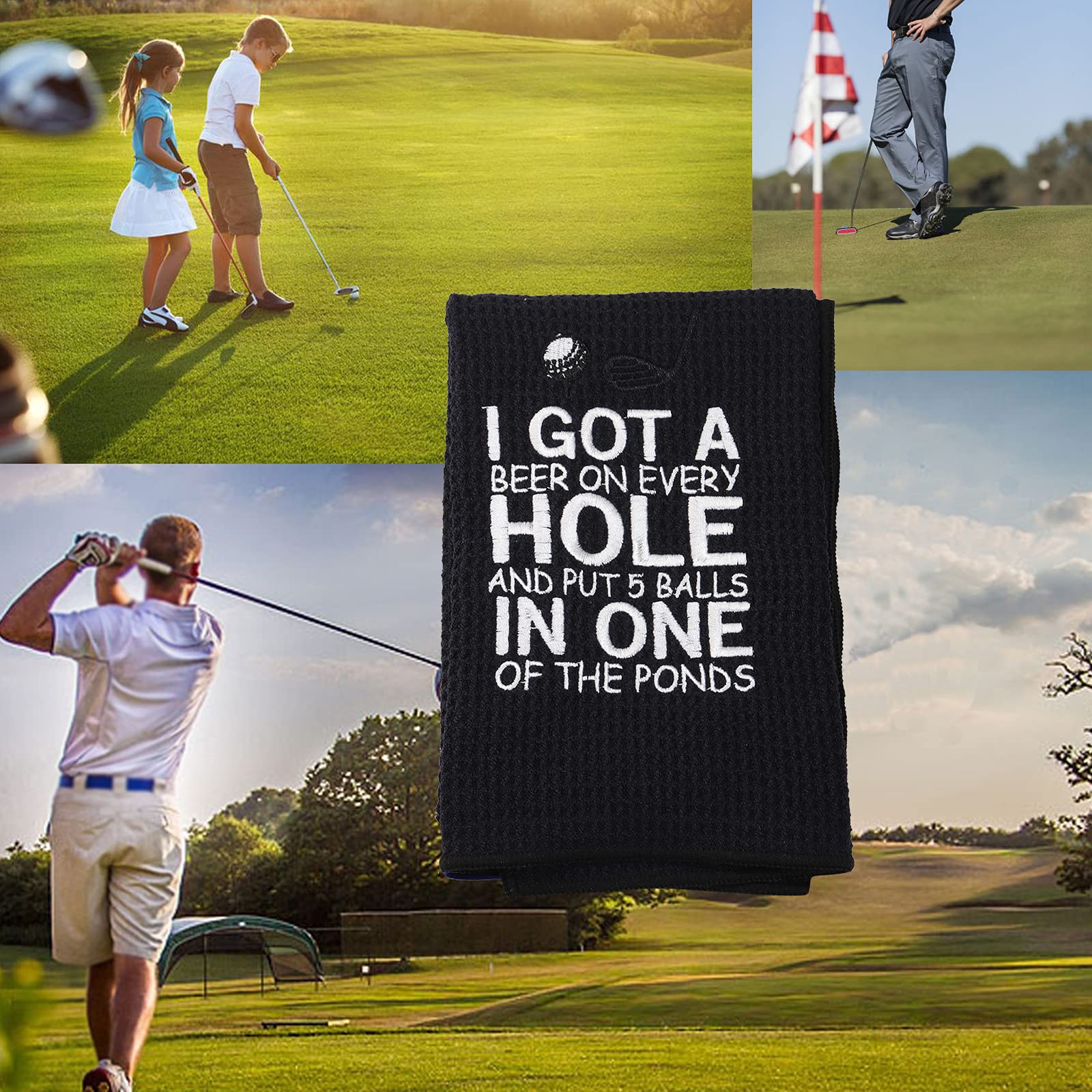 PXTIDY Funny Golf Towels for Men - 'I Got A Beer On Every Hole' Embroidered Golf Towel with Clip - Perfect Gift for Golf & Beer Lovers (Black) - Great for Golf Courses, Driving Ranges & Sports Events