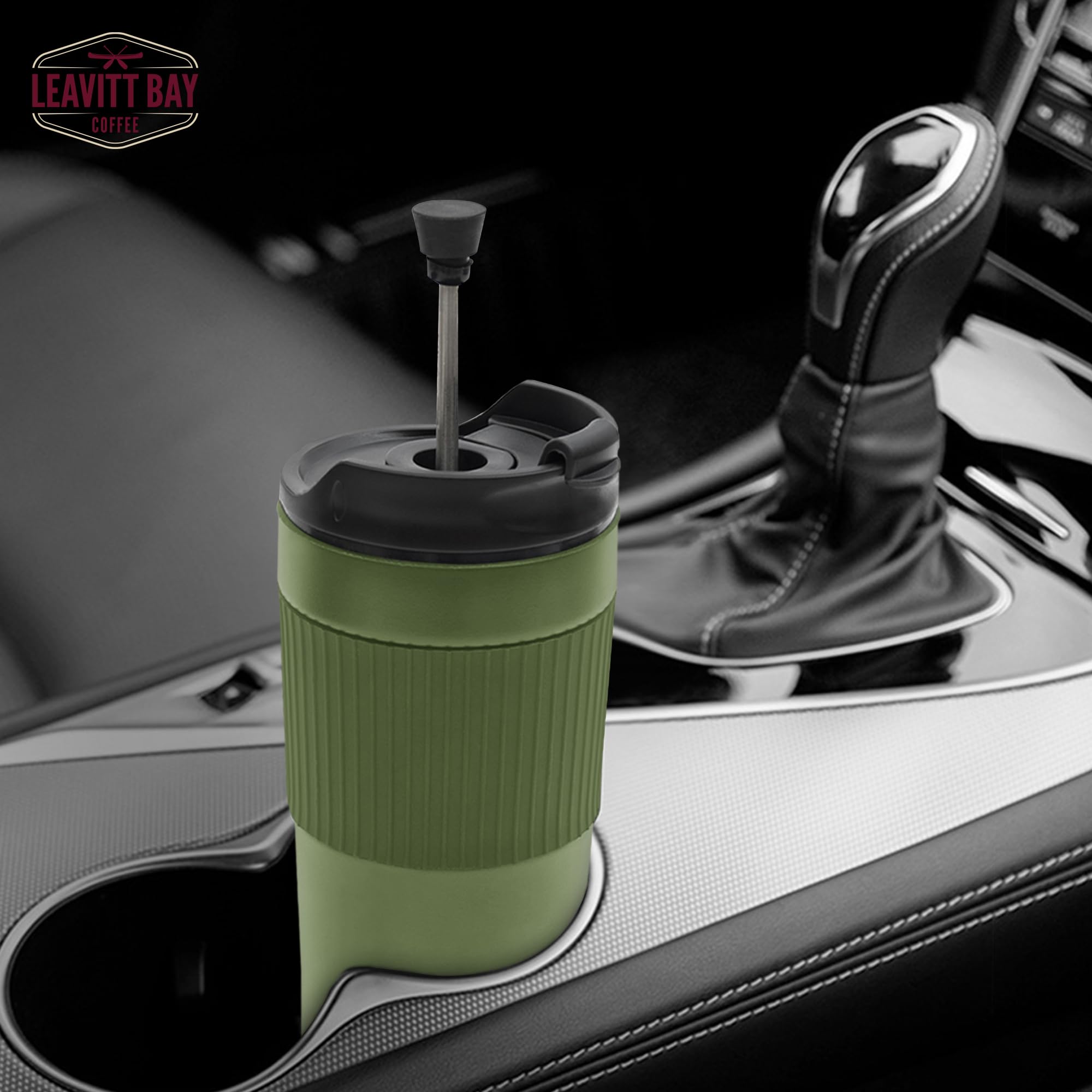 Stainless Steel French Press Travel Mug 15oz - Double Wall Vacuum Insulated Coffee & Tea Maker - Portable Single Serve French Press for Camping, Office, Home - Army Green Tumbler for Hot & Cold Beverages