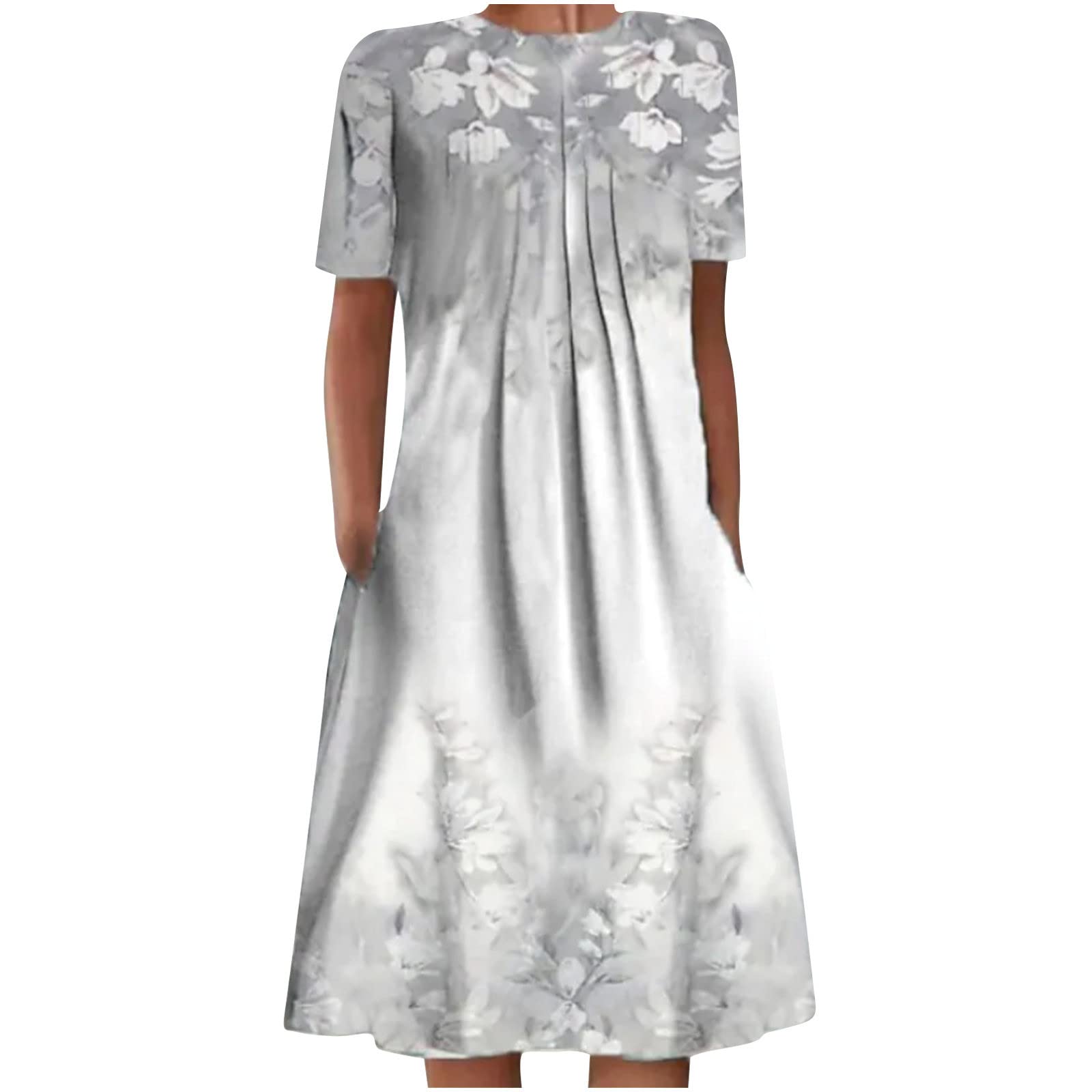 Ceimmol Women's Summer Floral Print Swing Dress - Short Sleeve Crewneck Pleated Knee-Length Casual Dress with Pockets for Beach, Vacation & Outdoor Activities