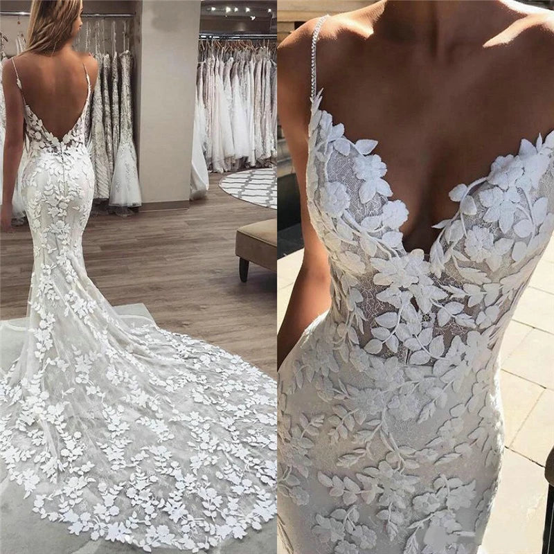 Elegant Boho Lace Appliqué Mermaid Wedding Dress - Spaghetti Straps & Backless Design for Beach, Garden & Destination Weddings