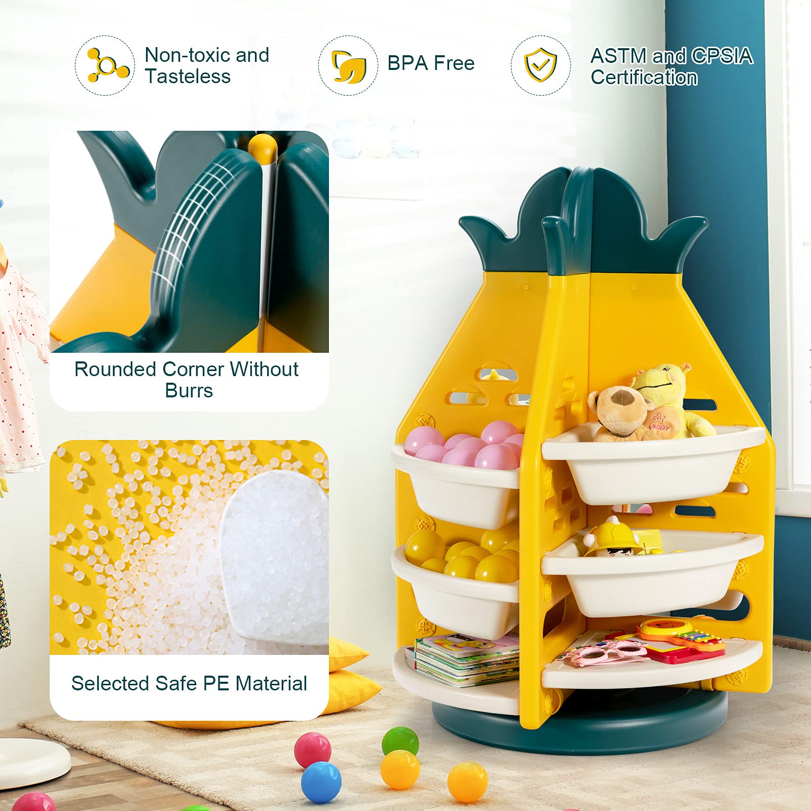 Costzon 3-Tier 360° Rotating Kids Toy Storage Organizer with 8 Bins & 4 Shelves - Pineapple Shaped Bookcase for Boys & Girls, Easy Assembly Toddler Book Rack Furniture for Playroom & Kids Bedroom - Perfect for Organizing Toys, Books & Learning Supplies in Daycare or Home Nursery
