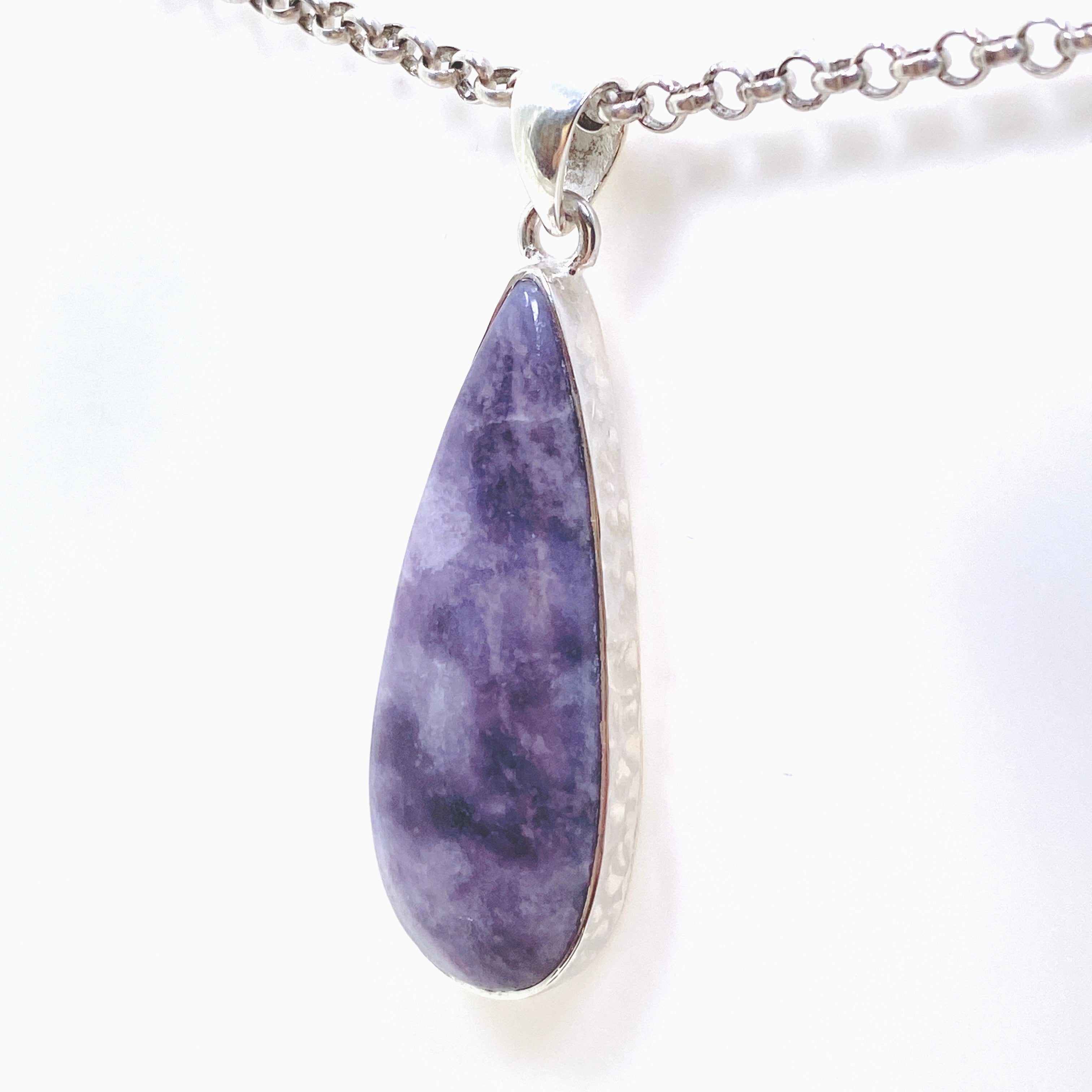 Lepidolite Teardrop Cabochon Pendant in Hammered Sterling Silver Setting KPGJ4610 - Healing Crystal Jewelry for Stress Relief & Meditation