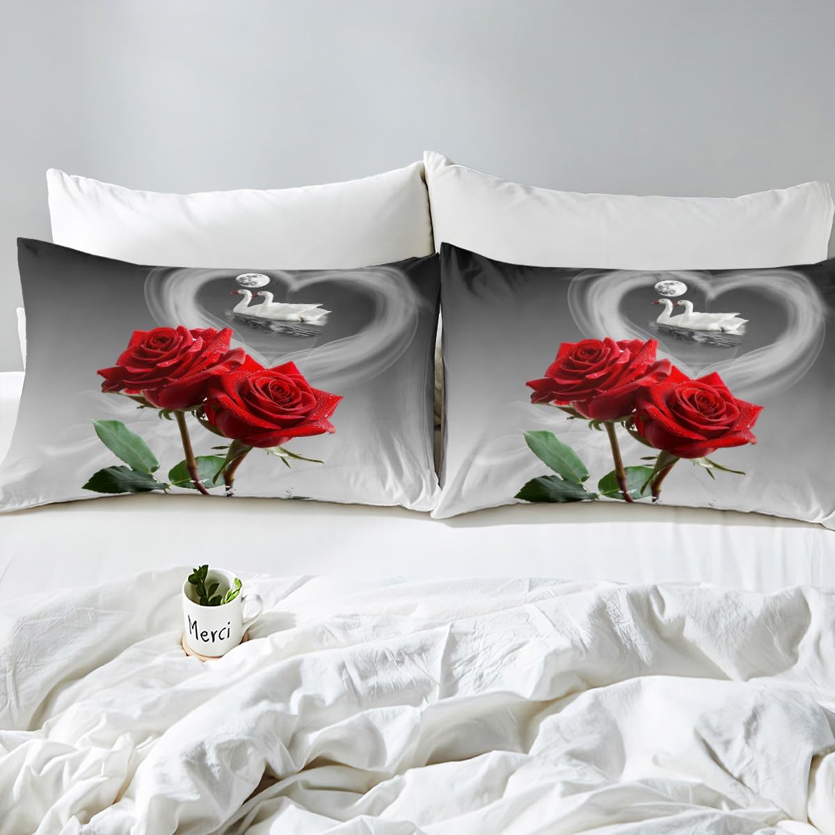 Romantic Red Rose & Swans Queen Size Bedding Set - Ultra Soft Floral Fitted Sheet for Couples, Valentine's Gift, Bedroom Decor (No Flat Sheet) - Perfect for Anniversary, Honeymoon & Romantic Getaway