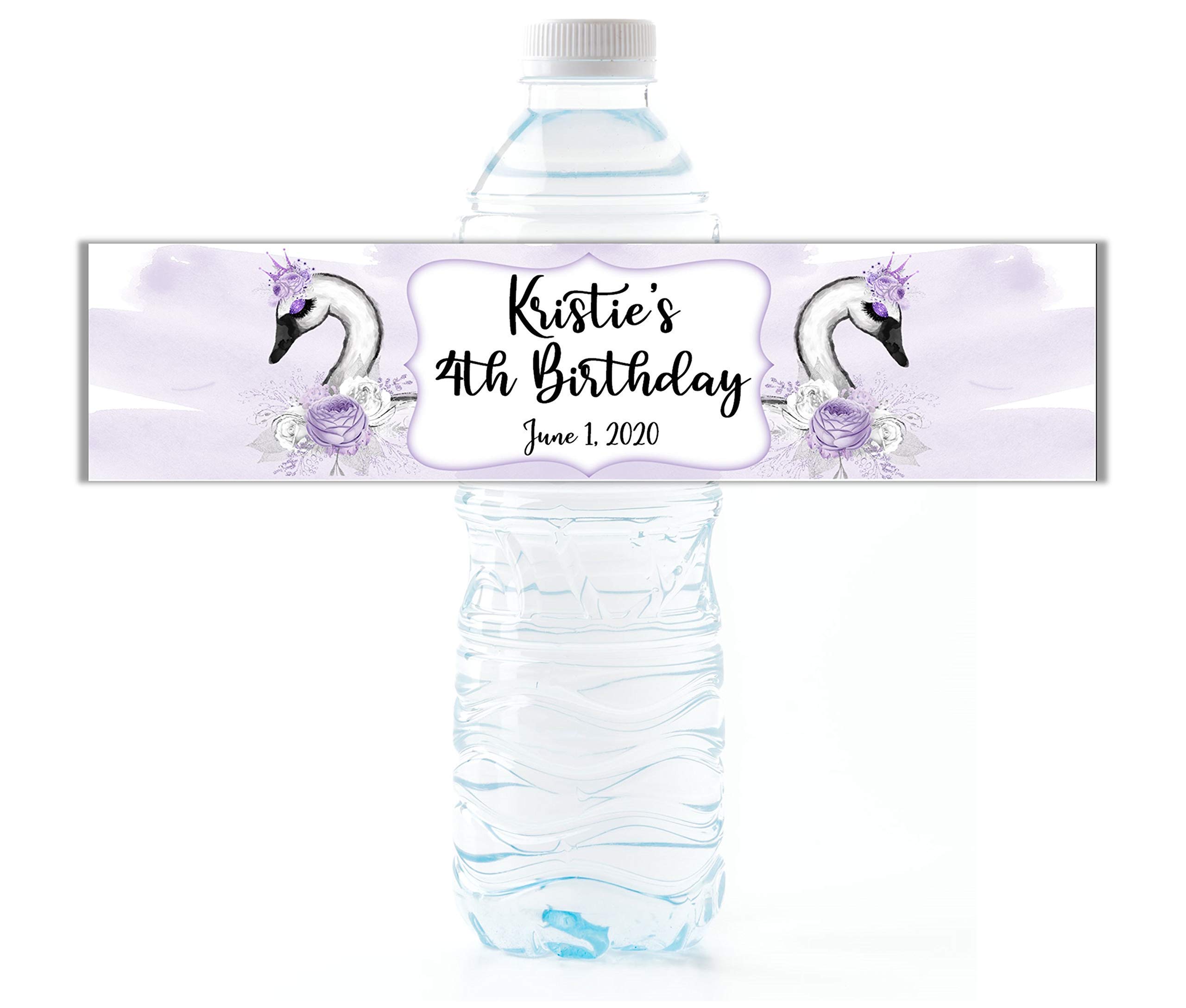Personalized Swan Water Bottle Labels - 25 Pack Waterproof Peel & Stick Wrappers for Girls Birthday Party Favors, Baby Showers & School Events - Perfect for Custom Drink Bottles & Party Decorations