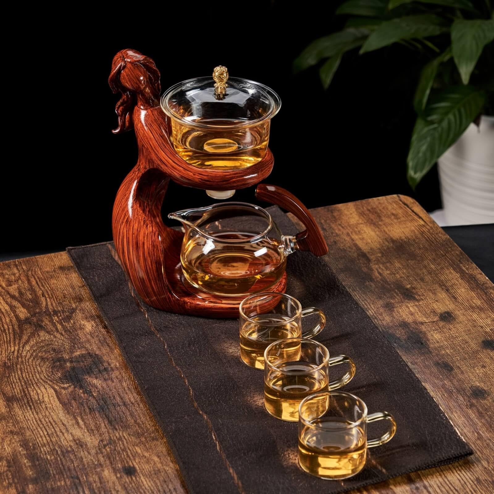 Premium Glass Kungfu Teapot Set with Infuser - Semi Automatic Tea Brewing Kit with 6 Small Cups (Red) - Perfect for Chinese Tea Ceremony, Home Tea Party & Gift Giving