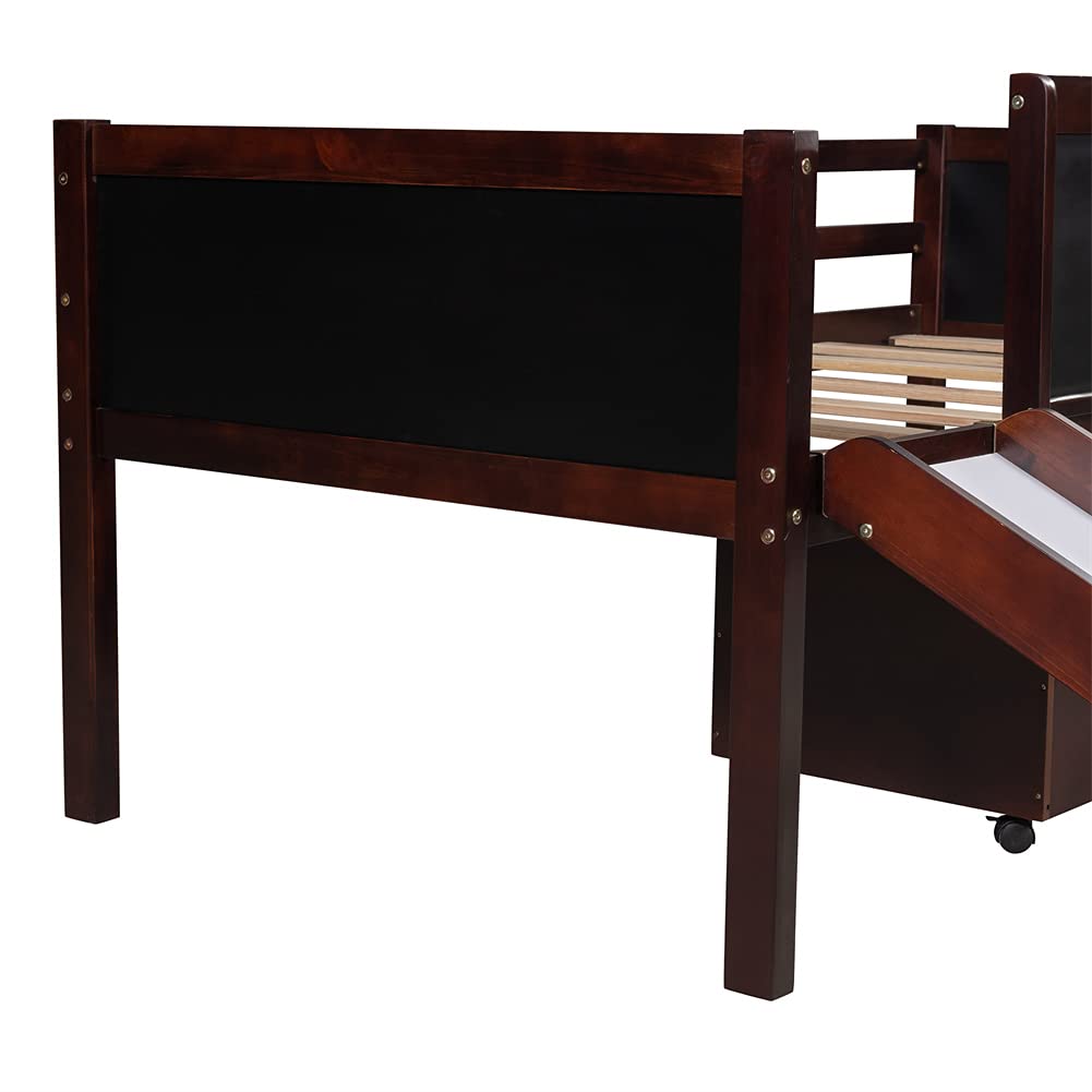 **Twin Size Wood Loft Bed for Kids with Storage & Slide - Low Loft Bed Frame, No Box Spring Needed (Espresso) - Perfect for Small Bedrooms & Playrooms**
