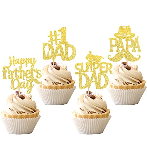24 PCS Happy Father's Day Cupcake Toppers - Glitter Mustache & Hat Decorations for #1 Dad, Super Dad - Gold Cake Decor Supplies for Father's Day Parties, Birthday Celebrations & Special Occasions