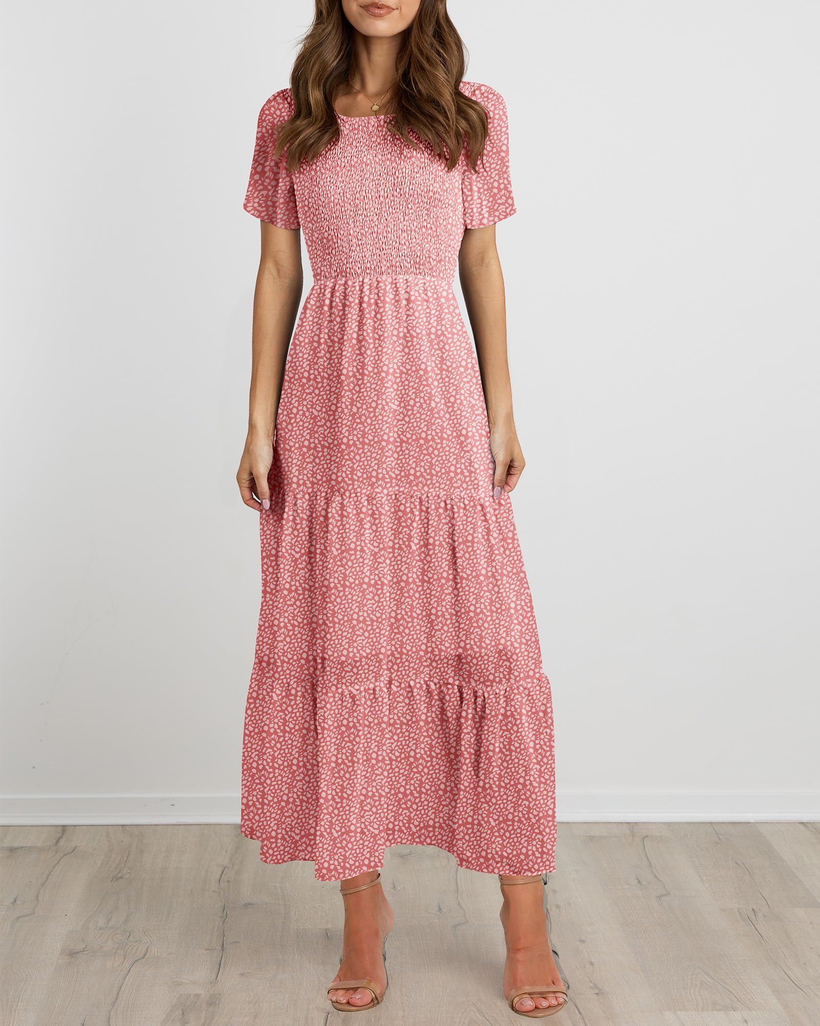 BTFBM Women's Bohemian Floral Print Short Sleeve Maxi Dress - Casual Summer Tiered Cocktail Dress with Crew Neck & Flowy Design | Perfect for Beach Vacations, Music Festivals & Date Nights
