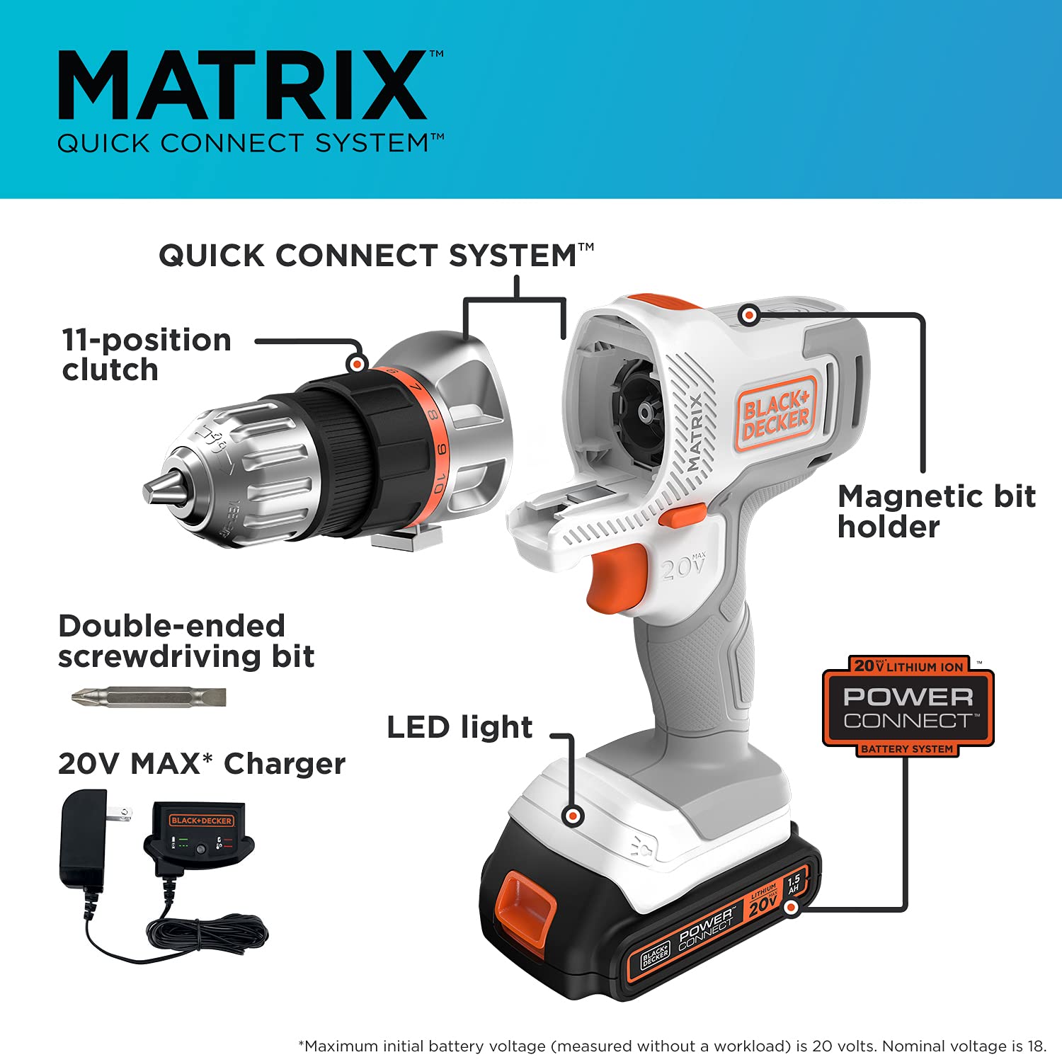 BLACK+DECKER 20V MAX MATRIX Cordless Drill/Driver Kit with Reciprocating Saw Attachment (BDCDMT120WC1FF & BDCMTRS) - White & Orange Power Tool for DIY Home Improvement, Woodworking, and Construction Projects