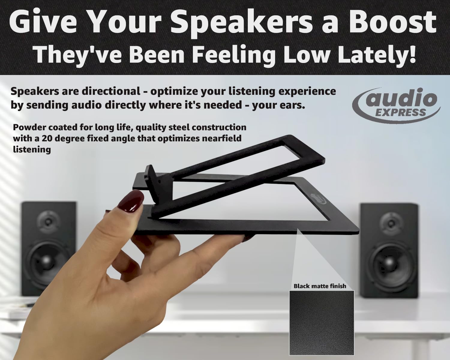 Heavy-Duty Metal Speaker Stands for Desktop - 20° Tilted Speaker Risers for PC, Bookshelf & Studio Monitor Speakers | Freestanding Design for Gaming & Multimedia Setup | Perfect for Home Office, Studio & Gaming Stations (Pair)