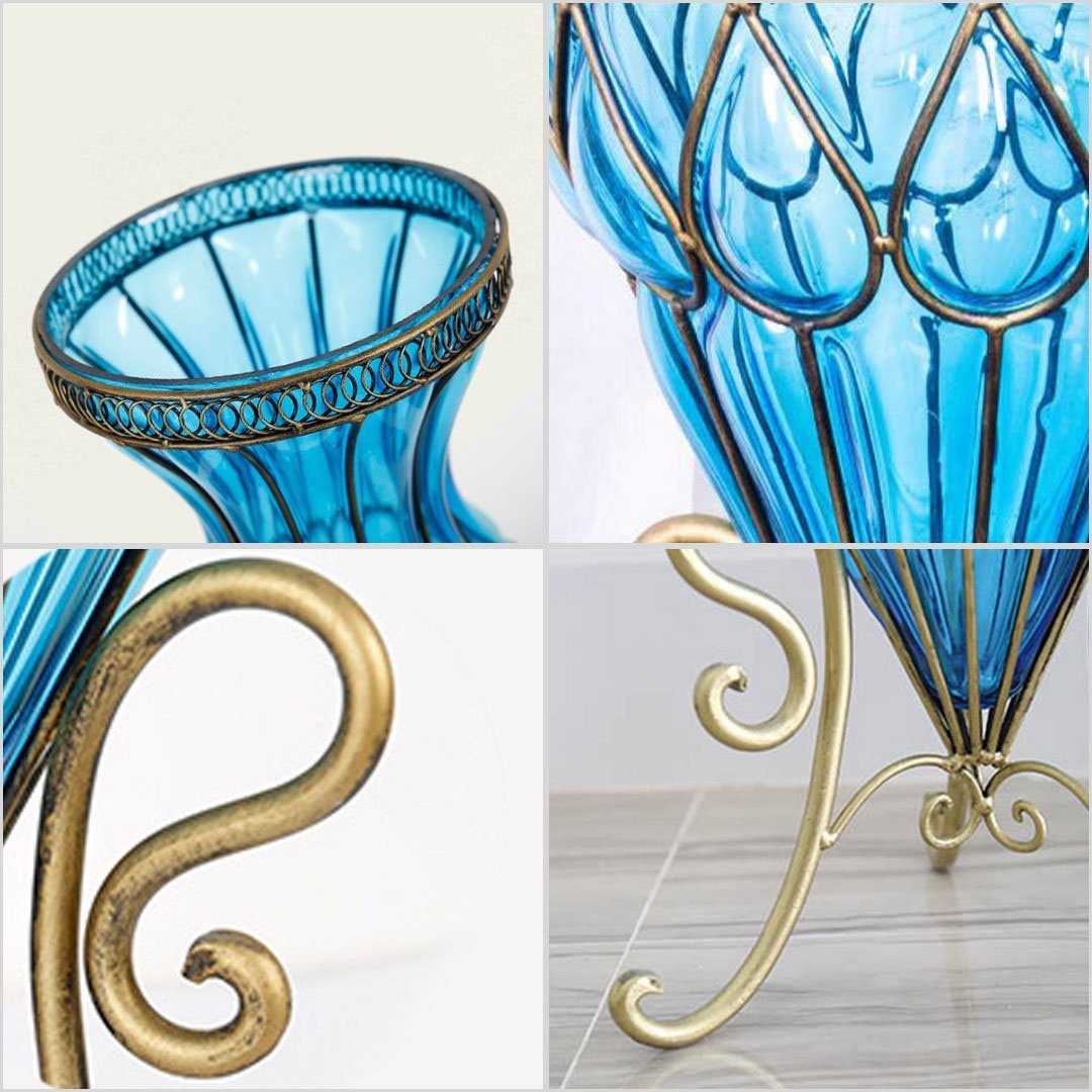 67cm Blue Glass Tall Floor Vase with 12pcs Dark Pink Artificial Flowers - Home Decor for Living Room, Bedroom, Wedding Centerpiece, Office Decoration