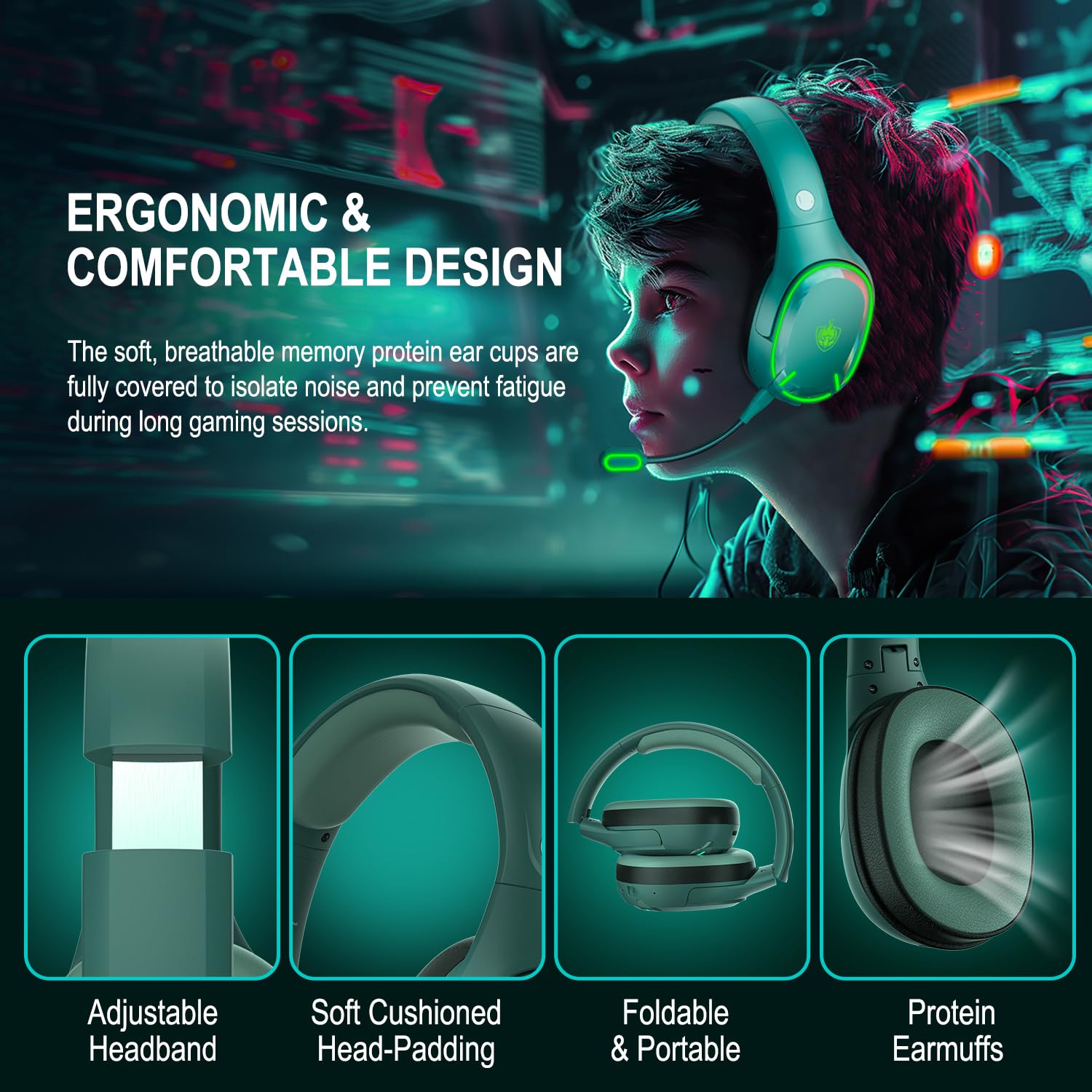 PHOINIKAS Wireless Gaming Headset with Dual-Chips Bluetooth 5.3 for PC/PS4/PS5/Switch/Mobile/Laptop, 2.4Ghz USB Dongle, Noise Cancelling Mic, 30H Battery Life, RGB Lights - Perfect for Gaming, Streaming & Online Meetings