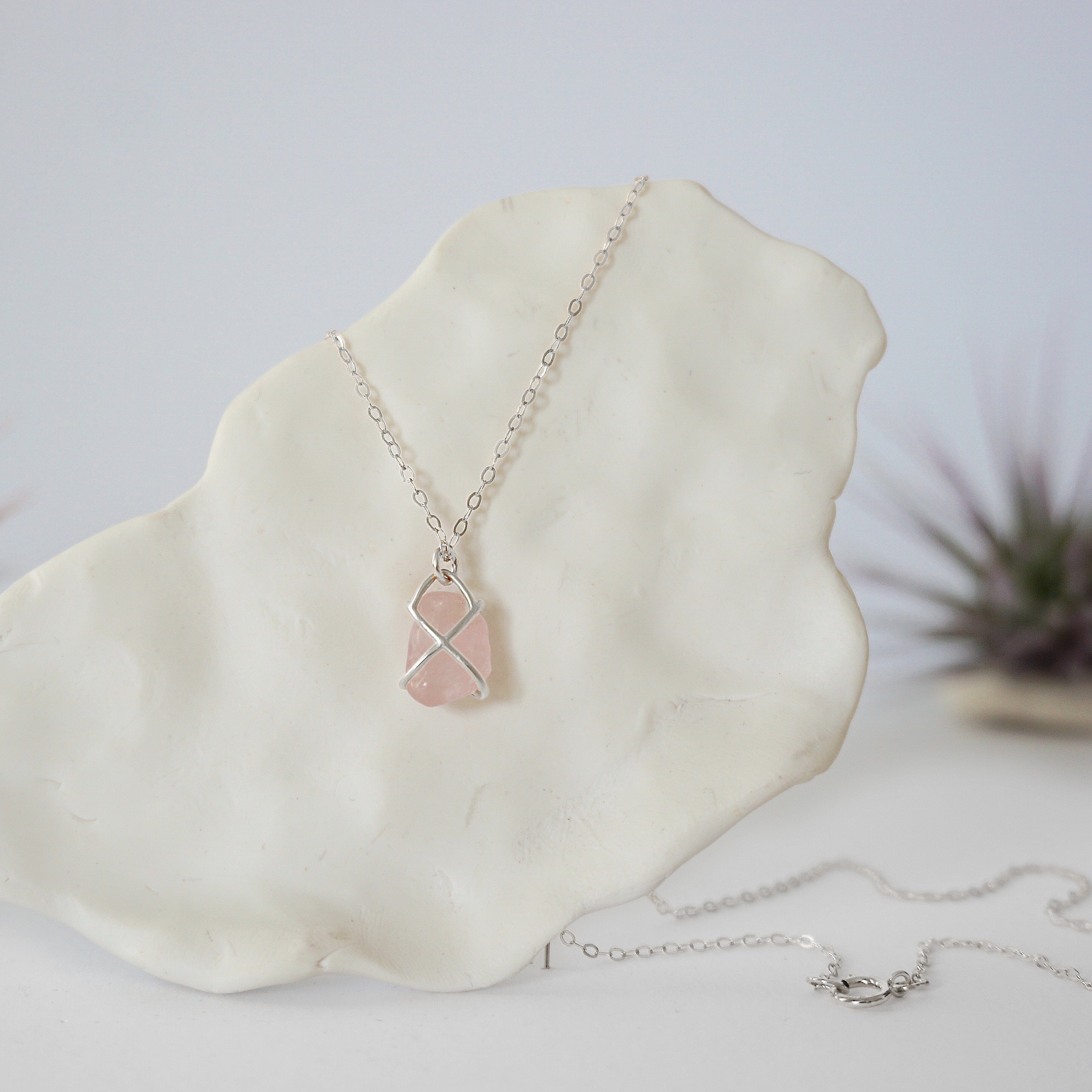 Rose Quartz Necklace - Sterling Silver Huggie Charm Necklace for Women, Healing Crystal Jewelry Gift for Valentine's Day, Birthday & Everyday Wear