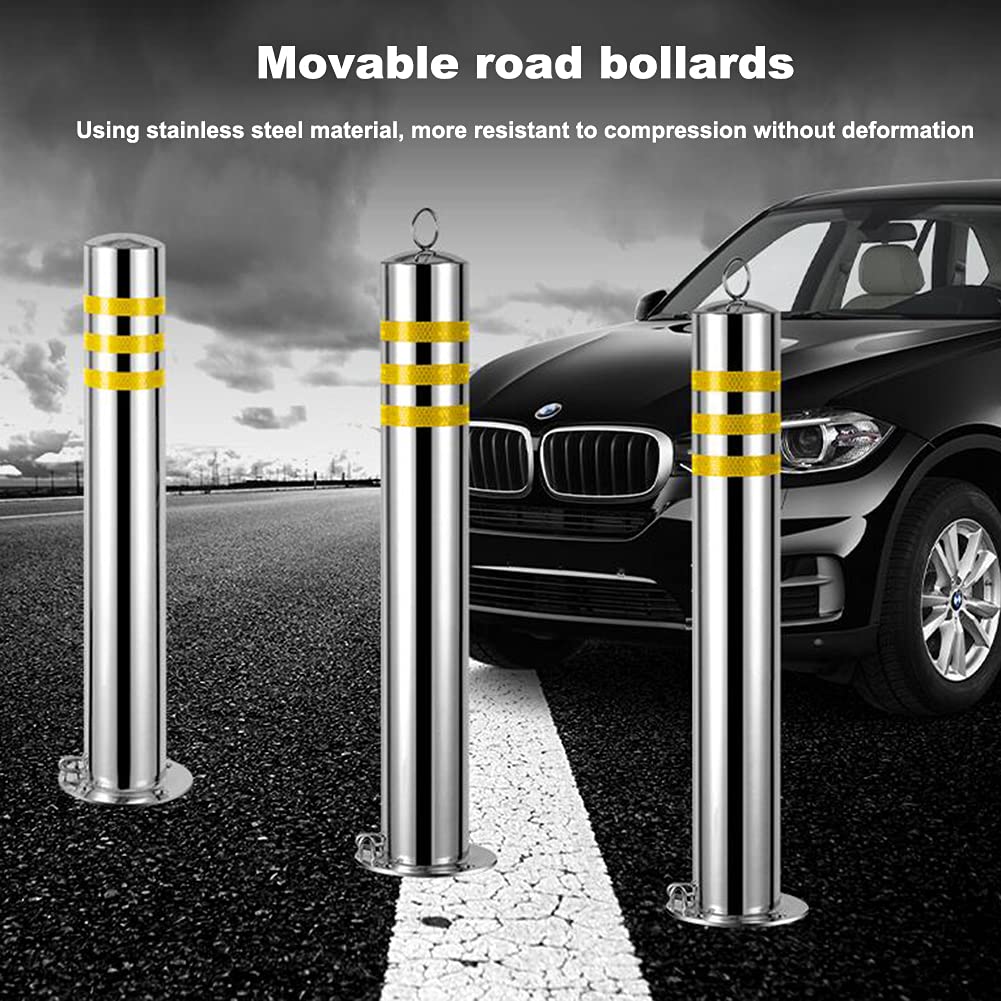 2X Heavy Duty Stainless Steel Parking Bollards - Driveway Security Posts with Hanging Ring & Reflective Tape - Removable Base for Easy Installation - Ideal for Parking Lots, Garages, and Commercial Properties