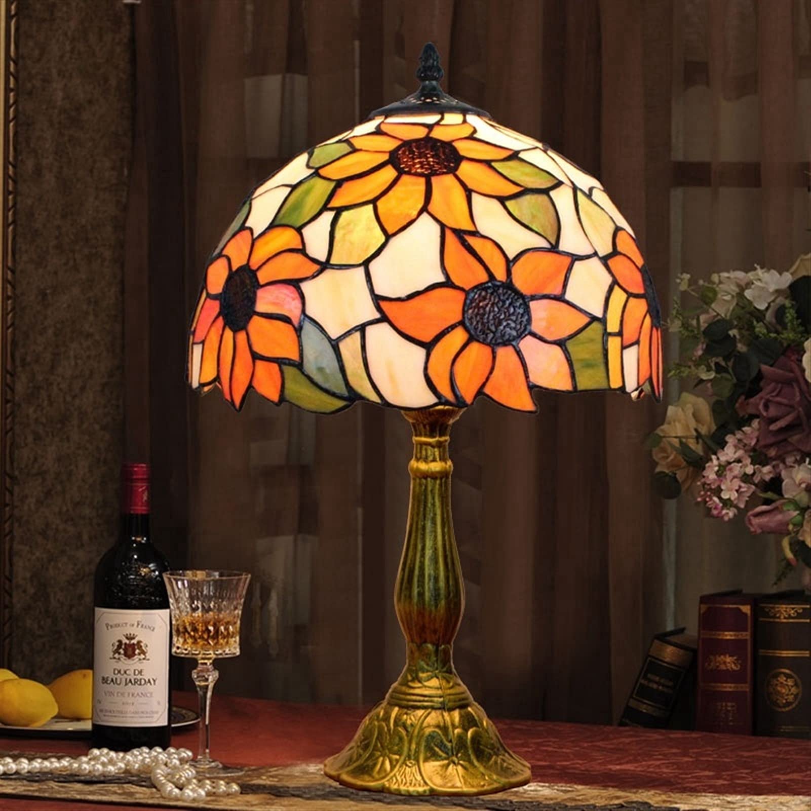Tiffany Stained Glass Table Lamp - Sunflower Yellow Handcrafted Art Deco Style for Bedroom, Living Room, Office & Dorm | Includes LED Bulb | Perfect for Reading, Nightstand Lighting & Home Decor Gift (12x12x18 Inches)