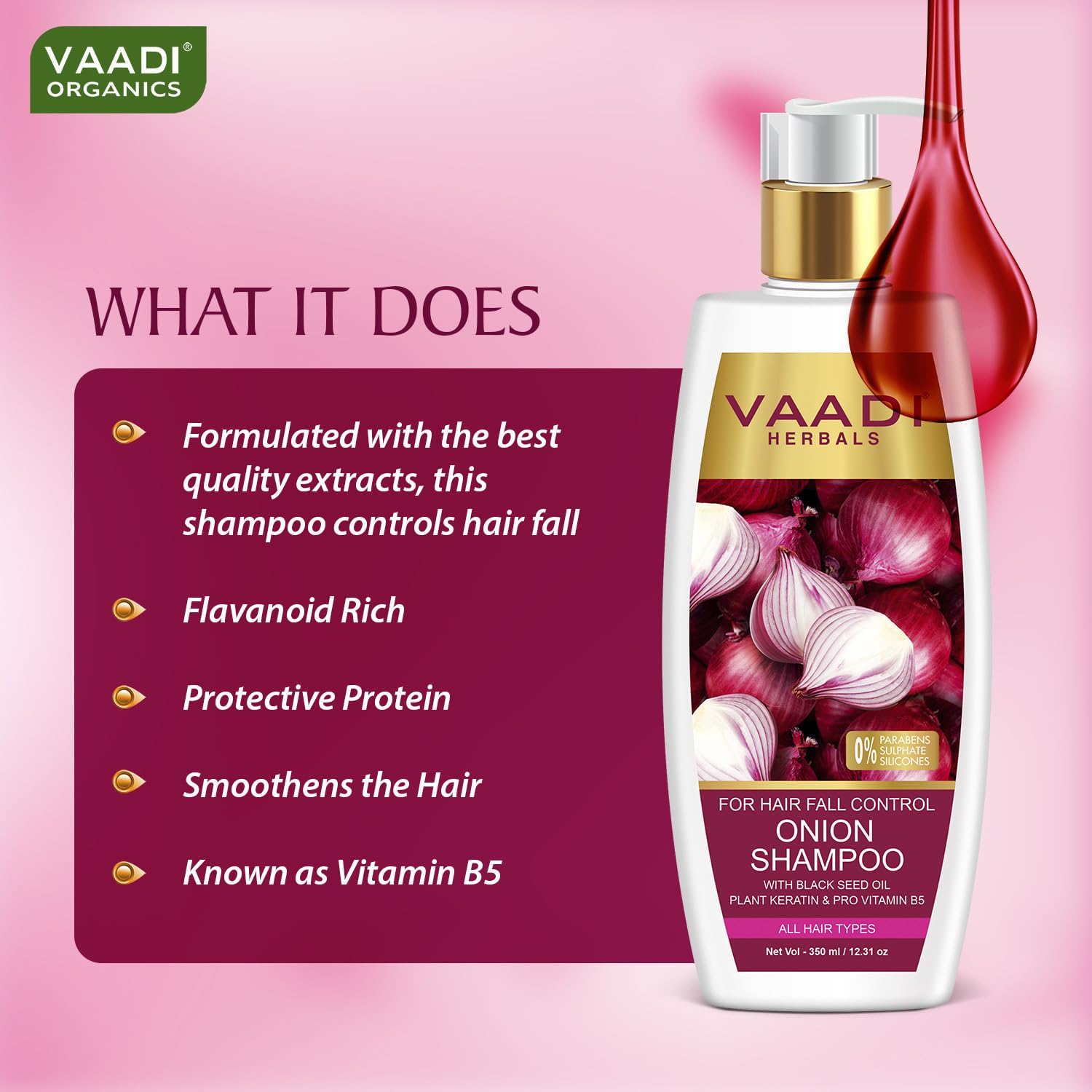 Vaadi Herbals Onion Shampoo for Hair Growth & Hair Fall Control - 350ml | Natural Hair Care Solution for Thicker, Stronger Hair | Perfect for Daily Use & Damaged Hair Repair