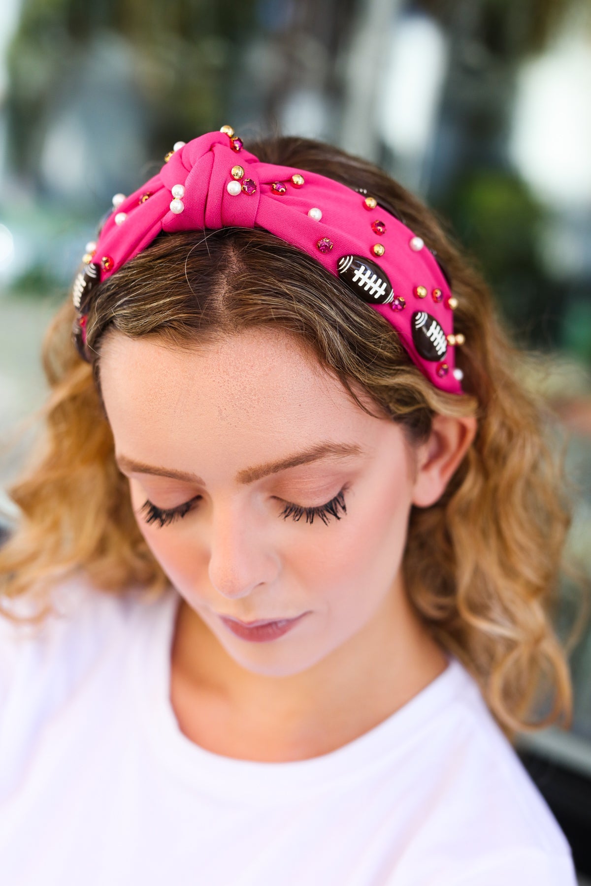 Fuchsia Stone & Gem Embellished Football Top Knot Headband for Women - Stylish Hair Accessory for Sports, Games, and Casual Wear