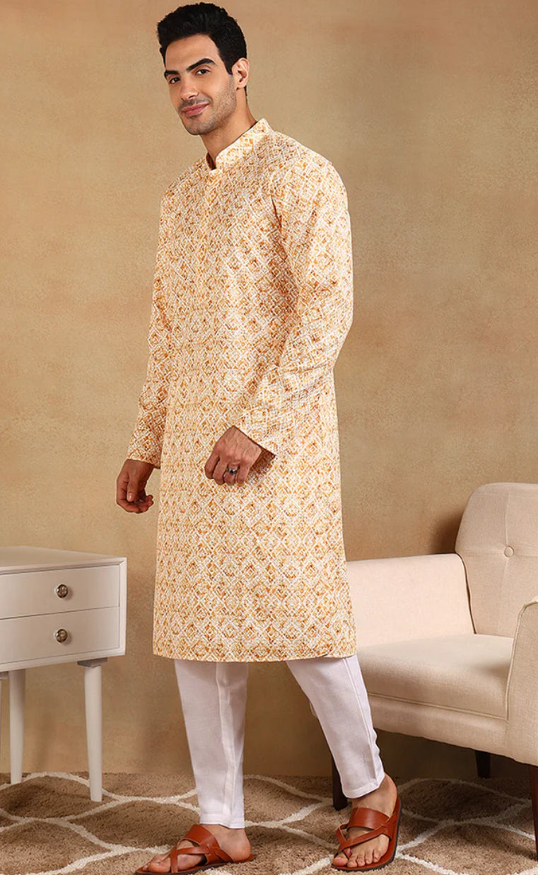 Men's Yellow Viscose Rayon Geometric Embroidered Straight Kurta - Comfortable Ethnic Tunic for Casual Wear, Festivals & Special Occasions