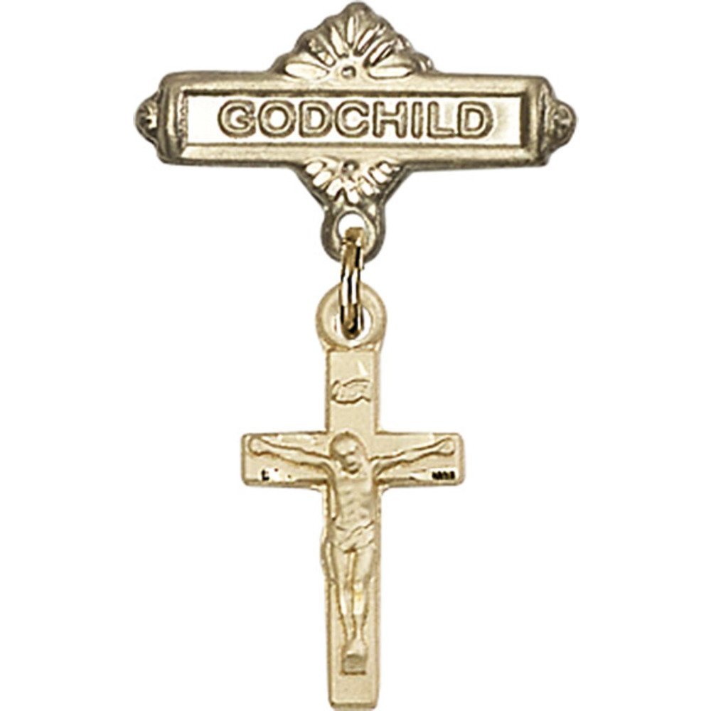 Gold Filled Baby Badge with Crucifix Charm - 1 X 5/8 Inch Godchild Gift Pin for Christening, Baptism & First Communion - Religious Jewelry for Infants & Toddlers