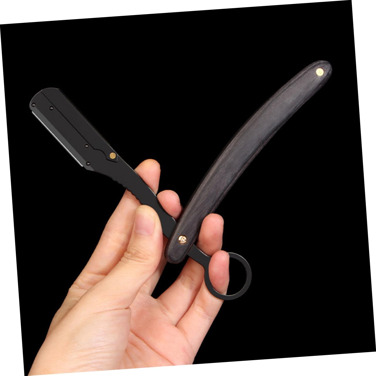 IPetBoom Folding Knife Holder - Professional Barber Tool for Hairdressing, Shaver Razor, Trimmer Head & Foil Razor Blades - Durable Black Wood Design for Men's Grooming & Bald Head Shaving