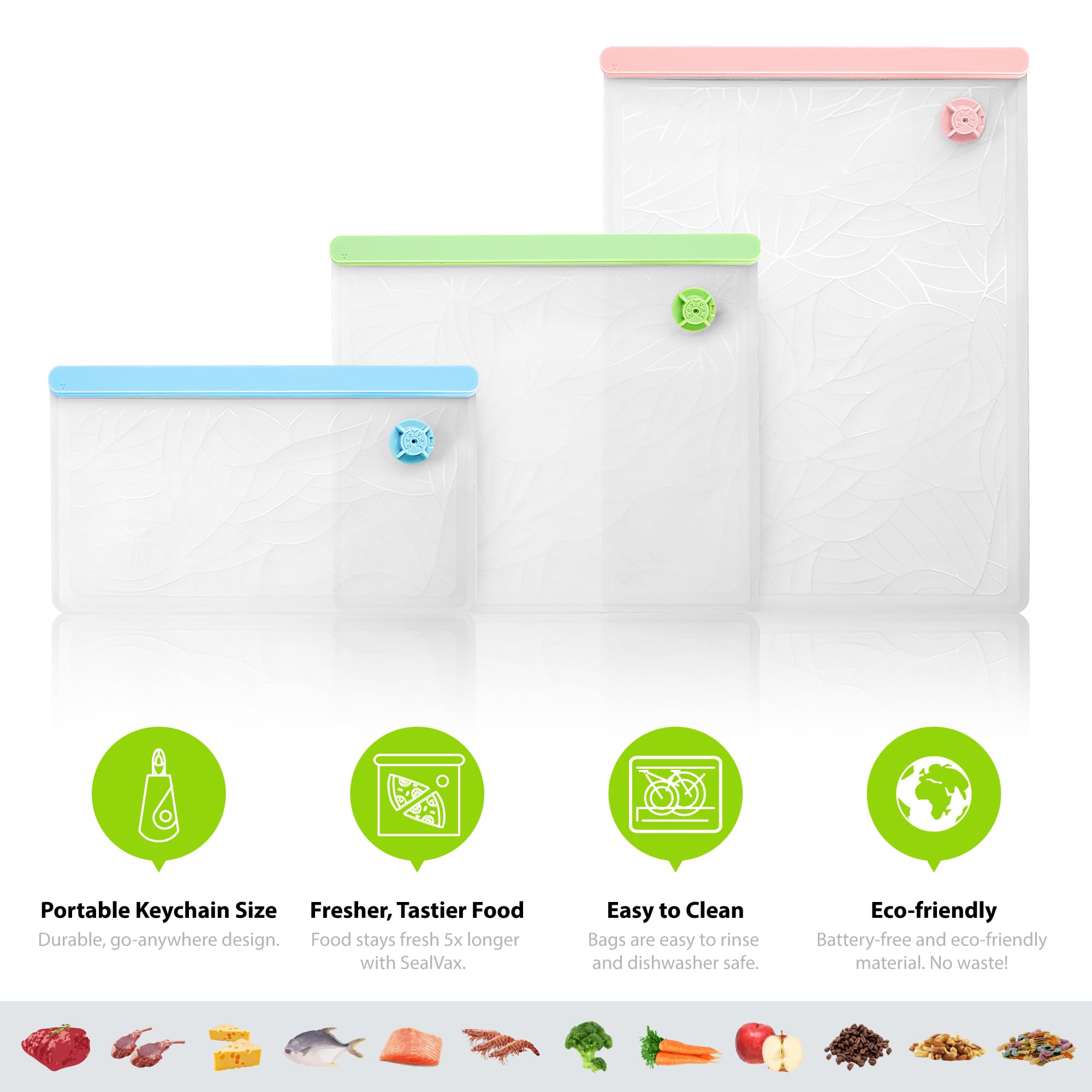 SealVax® Reusable Vacuum Seal Bags 6-Pack – BPA-Free Food Storage Bags for Sous Vide, Freezer & Meal Prep with Handheld Sealer, Liquid Block Technology – iOS/Android App Control (3 Sizes + USB-C Cable Included) | Perfect for Vacuum Sealing Meat, Vegetables & Leftovers to Extend Freshness