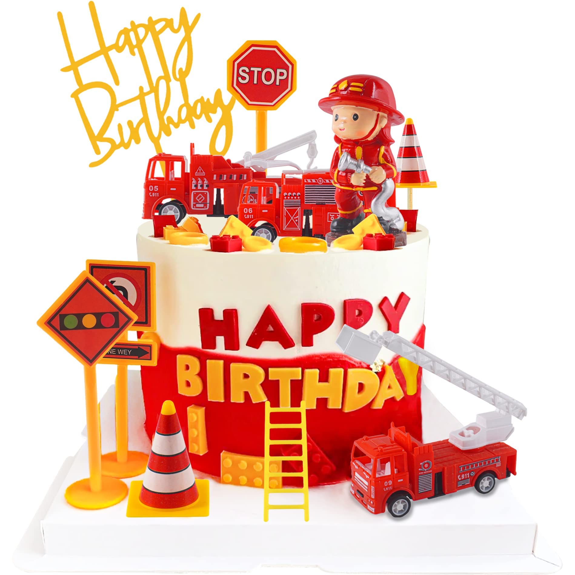Fire Truck Cake Topper Set - 10PCS Firefighter Themed Birthday Cake Decorations for Baby Shower, Fireman Party & Happy Birthday Celebrations - Perfect for Firefighter Theme Cakes, Cupcakes and Dessert Tables