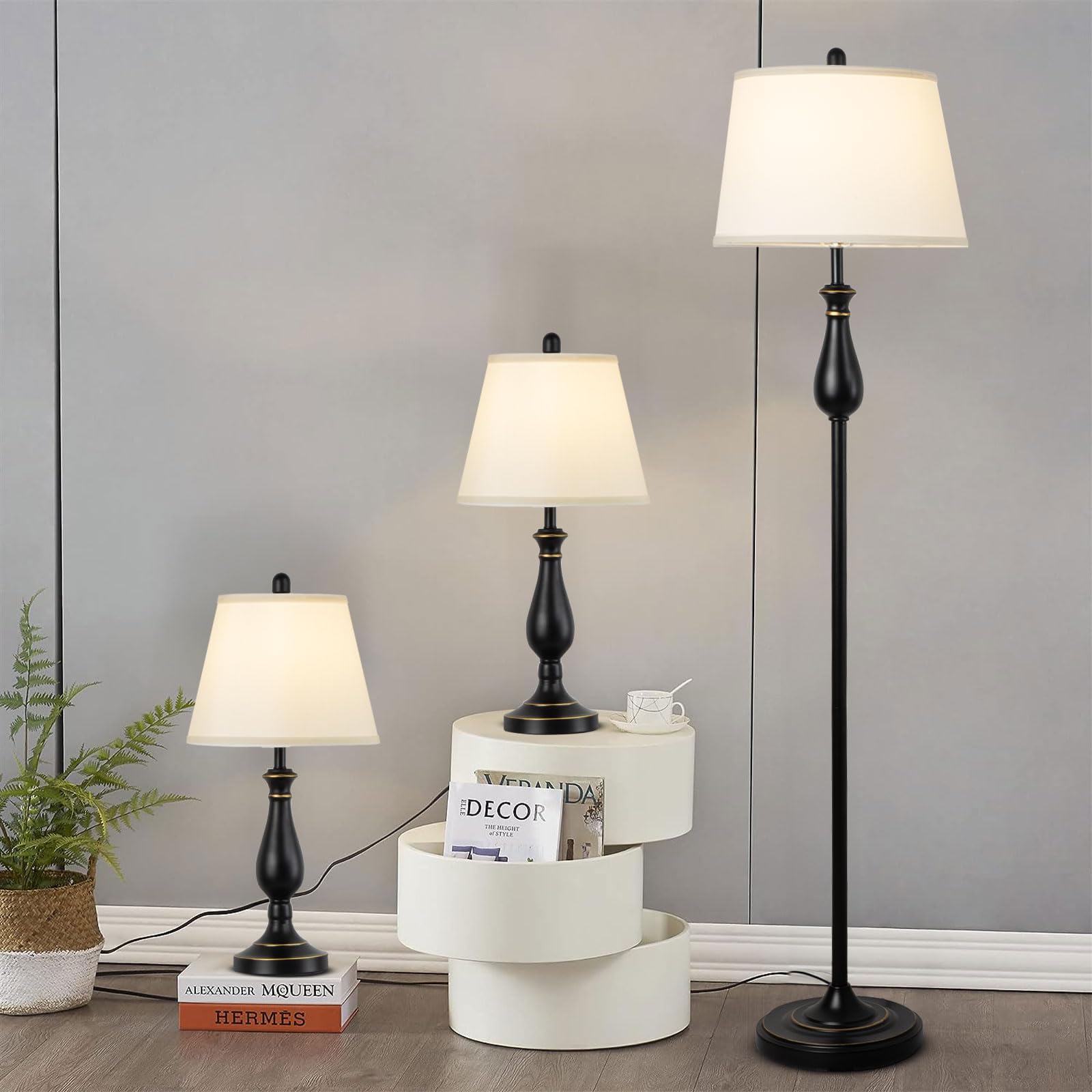Depuley 3-Piece Table and Floor Lamp Set with White Linen Lampshade - Modern Farmhouse Lighting for Living Room, Bedroom & Nightstand - Black Finish - Perfect for Cozy Reading Nooks and Ambient Lighting