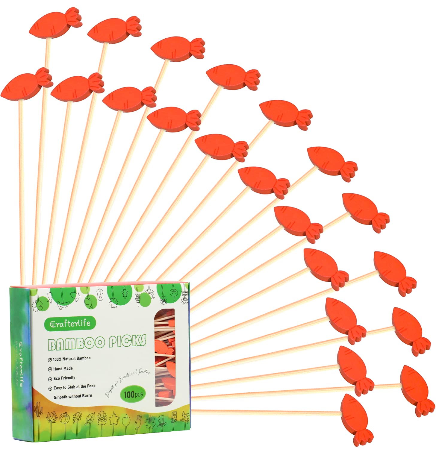 100pcs Bamboo Carrot Cocktail Picks - 4.7 Inch Wooden Fruit Skewers for Appetizers, Charcuterie Boards, Sandwiches & Party Decorations | Perfect for Easter, Kids Birthday Parties & Cocktail Hour Accessories