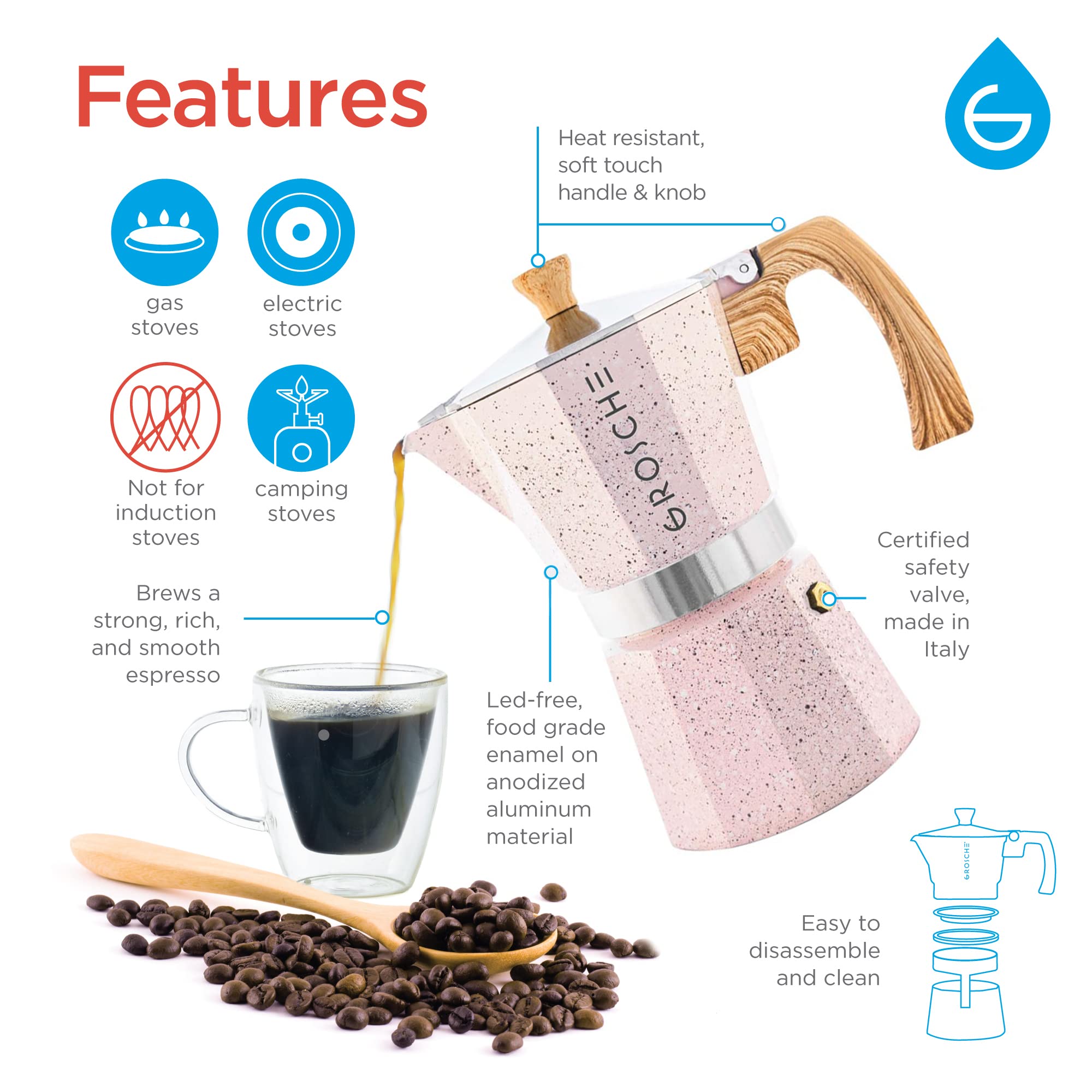 GROSCHE Milano Moka Pot - 12 Cup Stovetop Espresso Maker & Coffee Percolator in Pink | Perfect for Home Brewing, Camping & Italian-Style Coffee