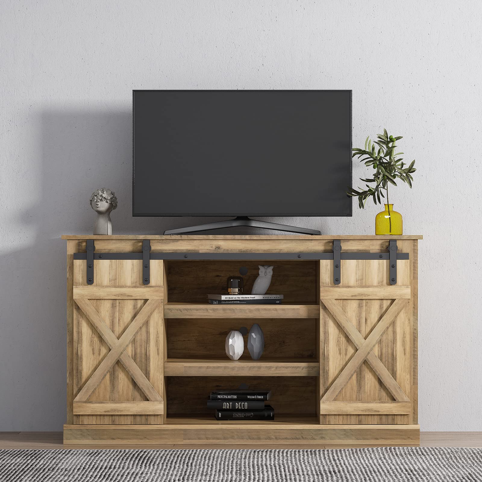 Farmhouse Sliding Barn Door TV Stand for 65 Inch Flat Screen TV - Rustic Wood Media Console with Storage Cabinet, Entertainment Center - Sturdy MDF & Oak Construction - Perfect for Living Room, Bedroom, or Home Theater Setup